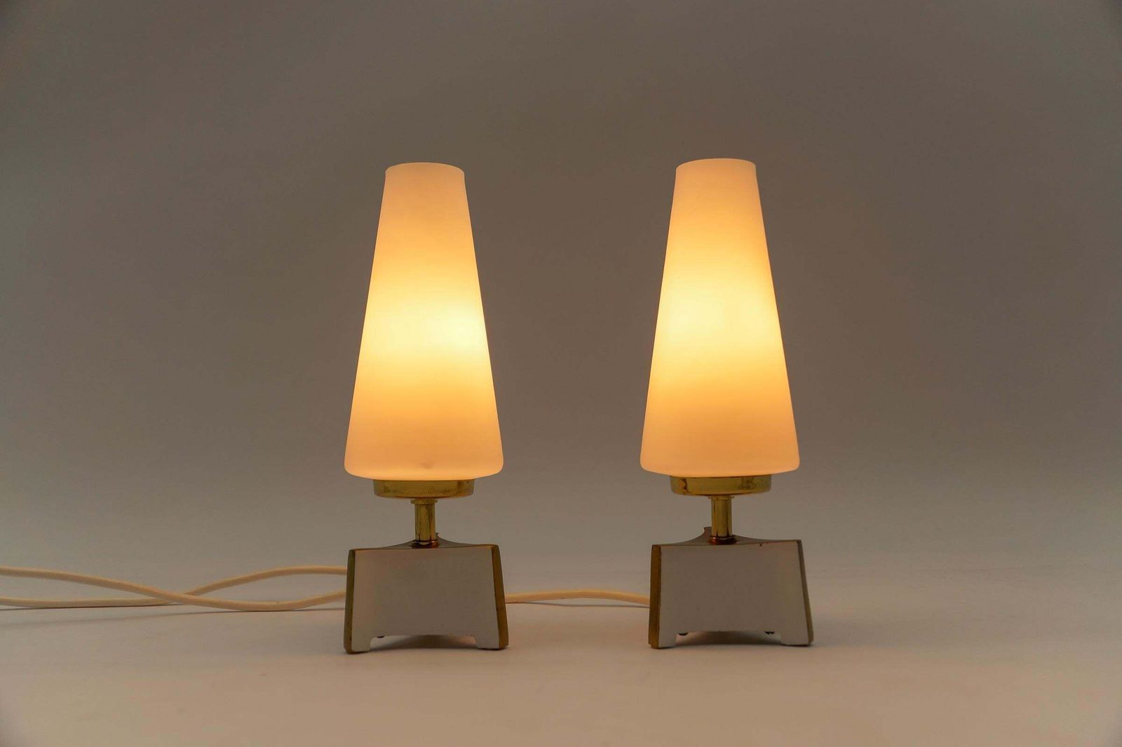 Petite Mid Century Modern Massive Brass And Opaline Glass Table Lamps, 1950s photo buy