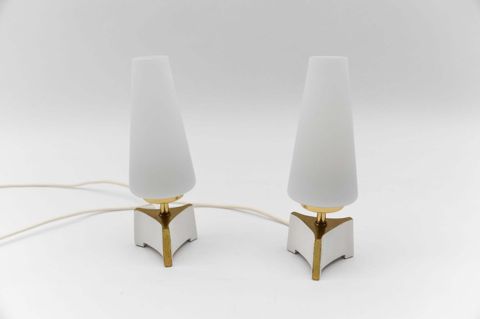 Petite Mid Century Modern Massive Brass And Opaline Glass Table Lamps, 1950s photo vintage