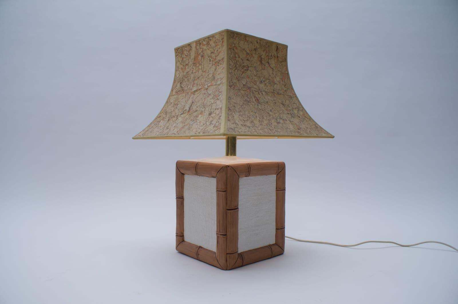 Ceramic Table Lamp With Cork Shade In Japan Bamboo Look By Leola, 1970s, Germany photo for sale