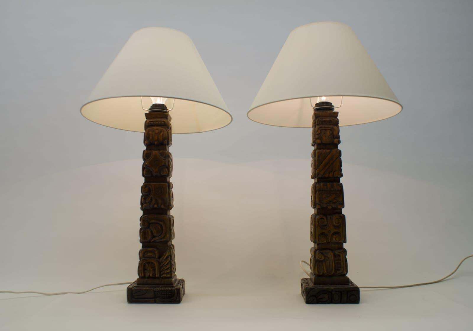Pair Of Rare Hand Carved Wooden Table Lamps From Temde, Switzerland, 1960s photo furniture