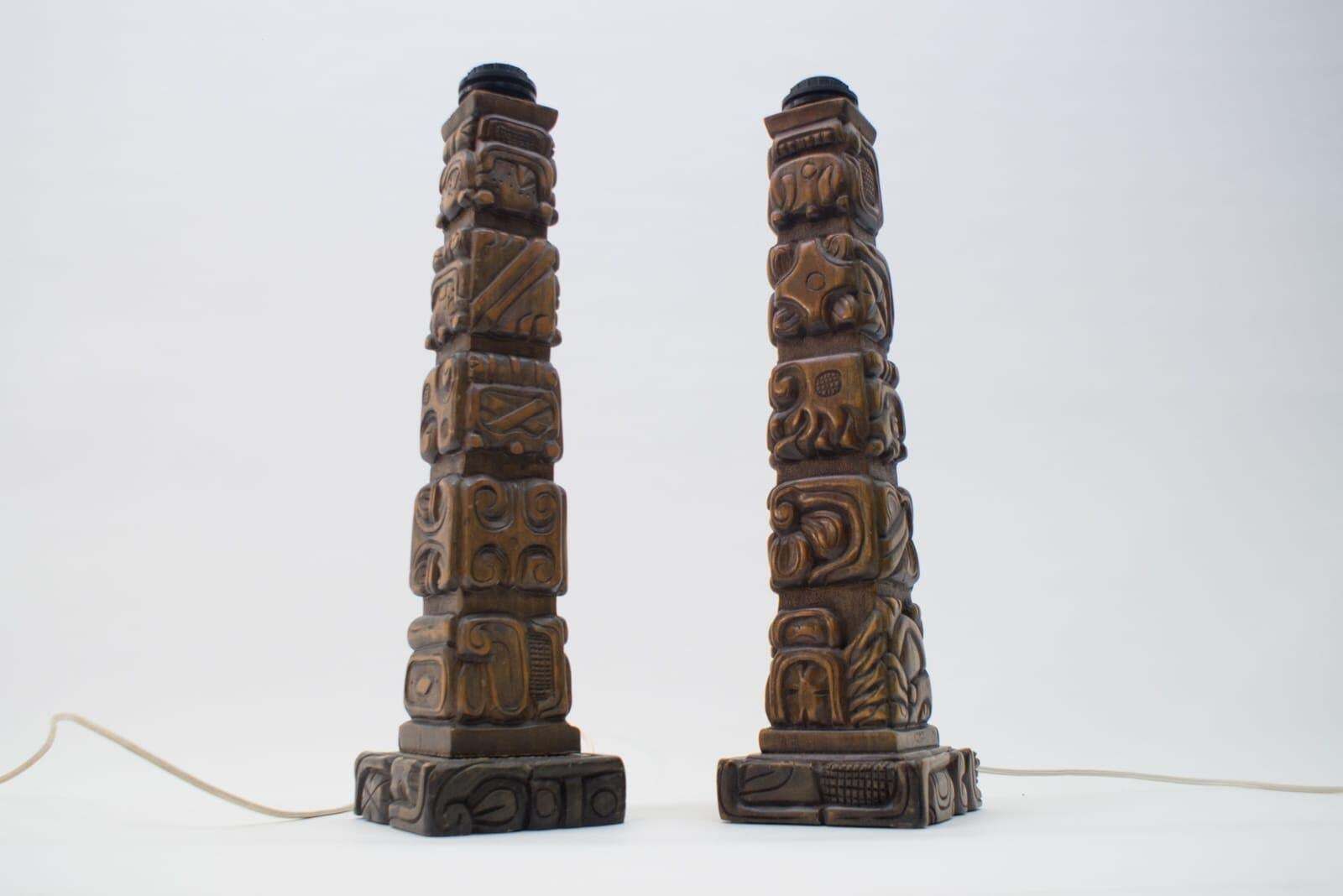 Pair Of Rare Hand Carved Wooden Table Lamps From Temde, Switzerland, 1960s photo for sale