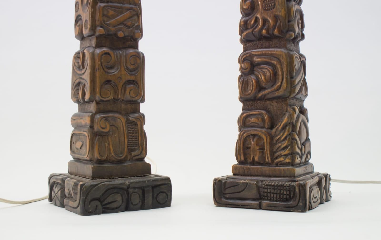 Pair Of Rare Hand Carved Wooden Table Lamps From Temde, Switzerland, 1960s photo buy