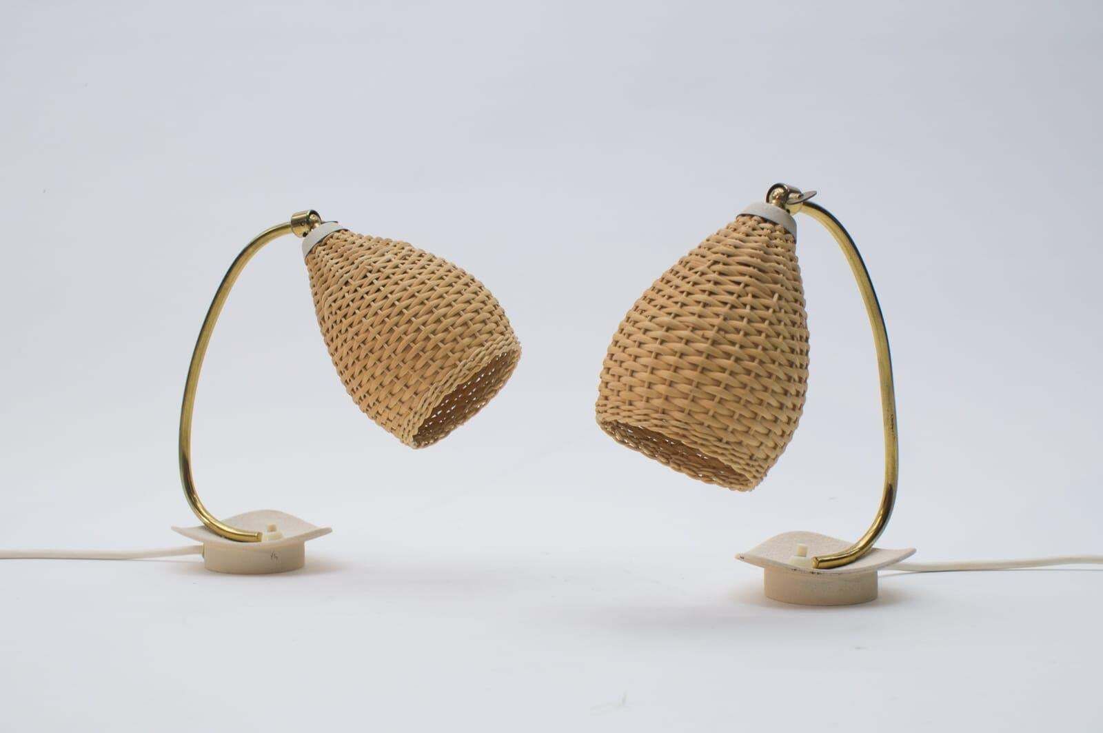 Pair Of Lovely Brass And Wicker Table Lamps From The 1950s, Austria photo furniture