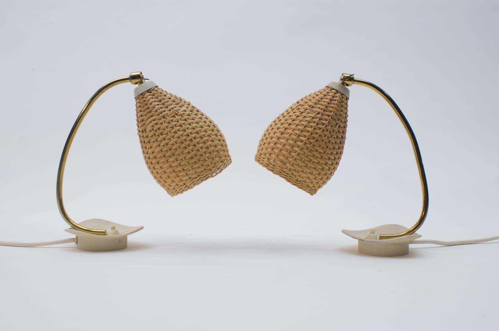 Pair Of Lovely Brass And Wicker Table Lamps From The 1950s, Austria photo for sale