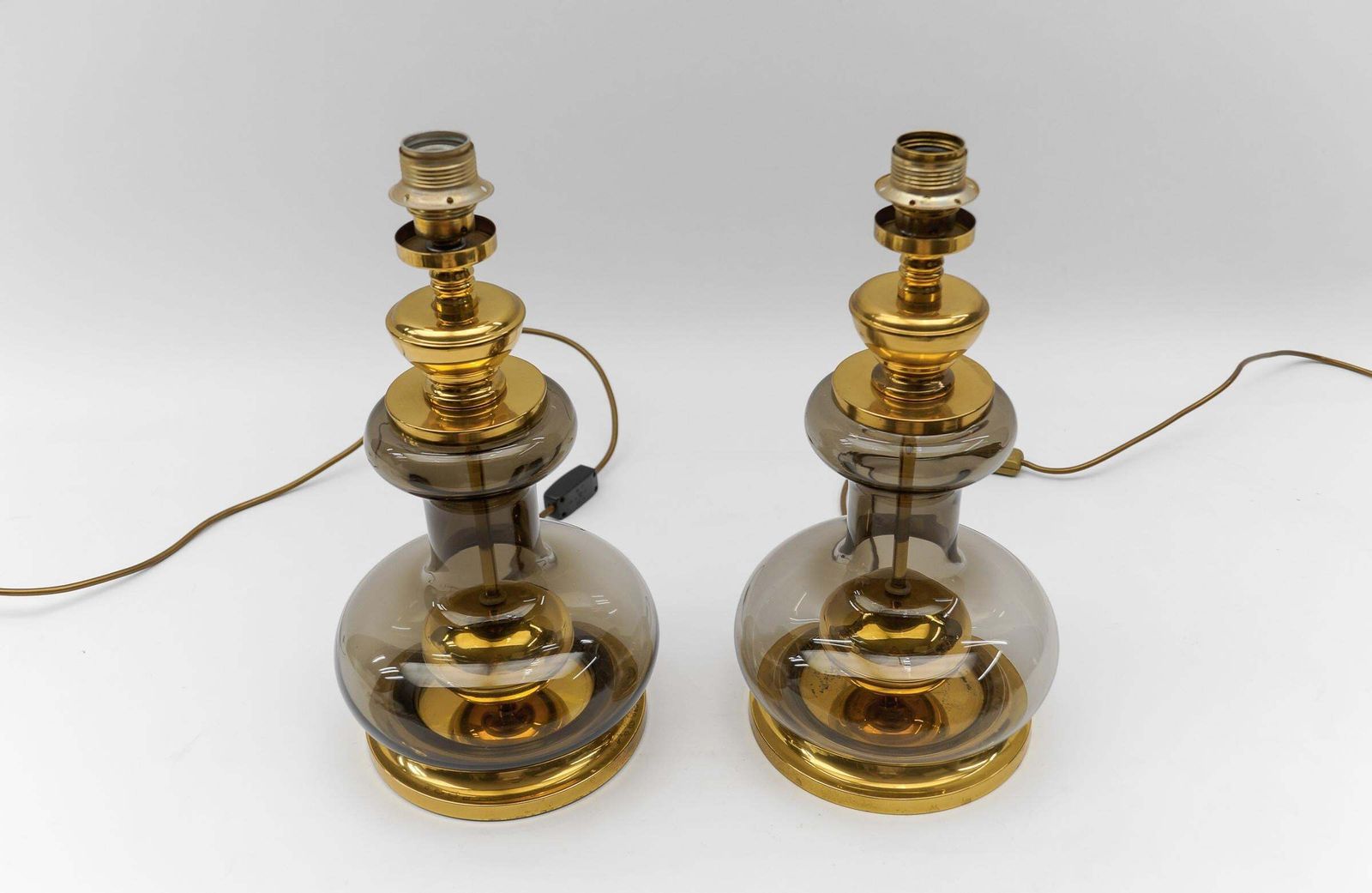 Pair Of Mid Century Modern Brass Smoked Glass Table Lamp Bases, 1960s photo buy