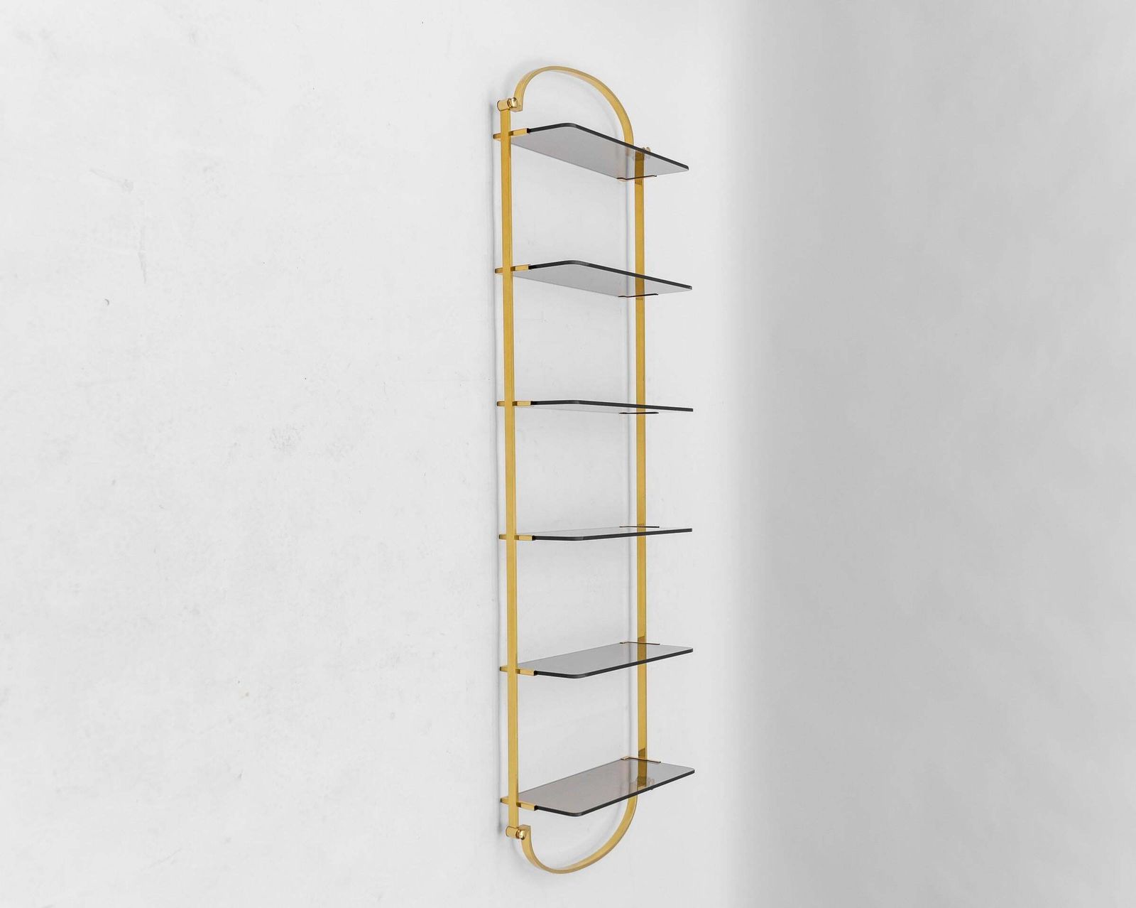 Golden Wall Shelf With Six Smoked Glass Shelves, Italy, 1960s photo furniture