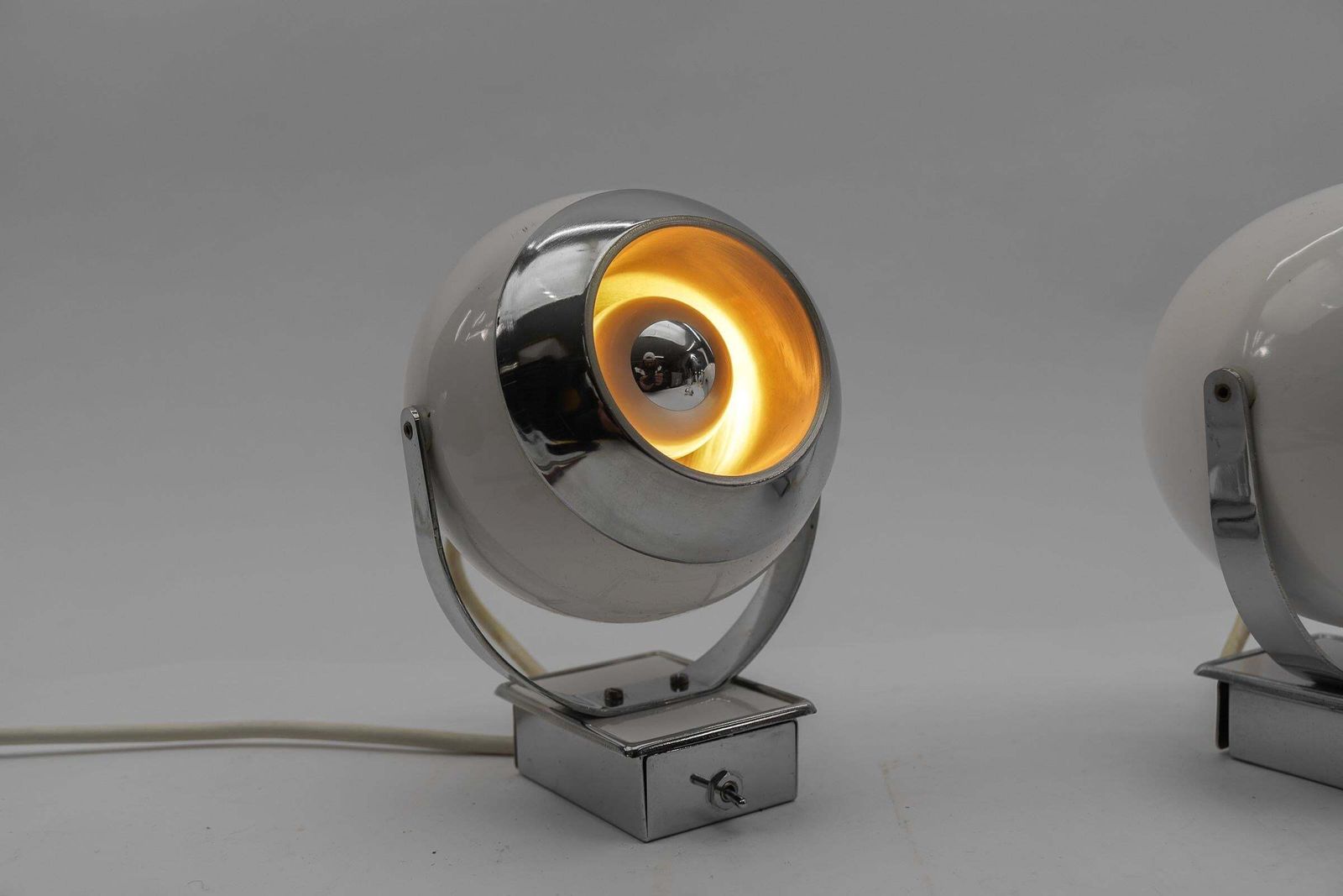 Pair Of Space Age Ball Wall Lamps In White And Chrome, 1970s photo buy