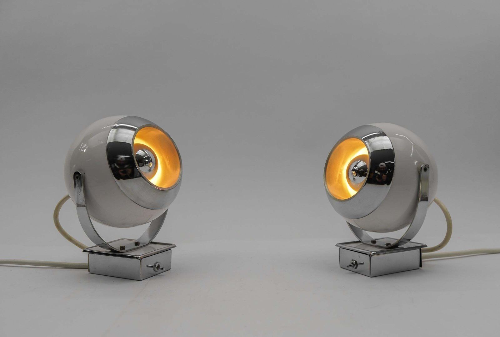 Lighting Pair Of Space Age Ball Wall Lamps In White And Chrome, 1970s photo