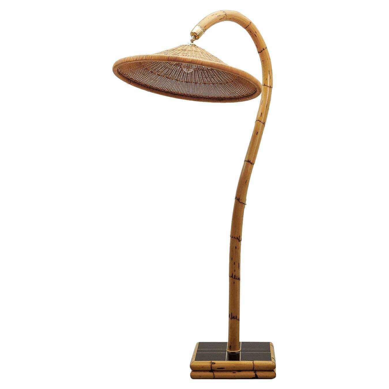Huge Mid Century Modern Bamboo, Brass & Rattan Arc Floor Lamp, Italy 1950s
