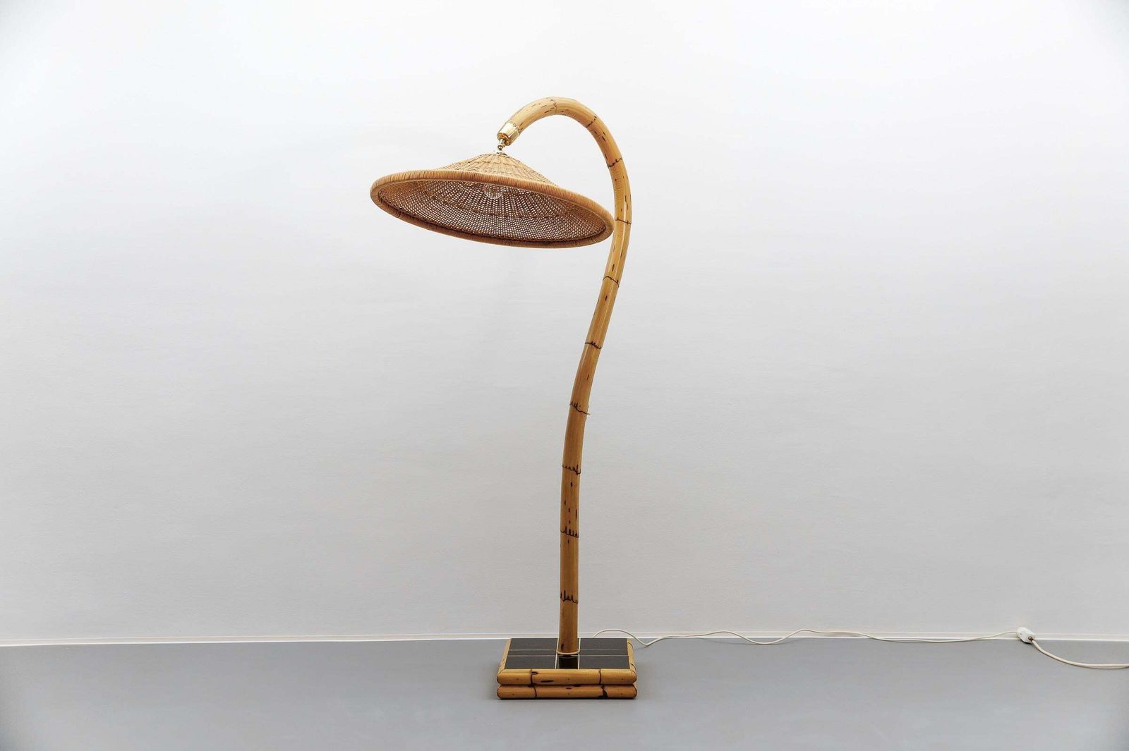 Huge Mid Century Modern Bamboo, Brass & Rattan Arc Floor Lamp, Italy 1950s photo furniture