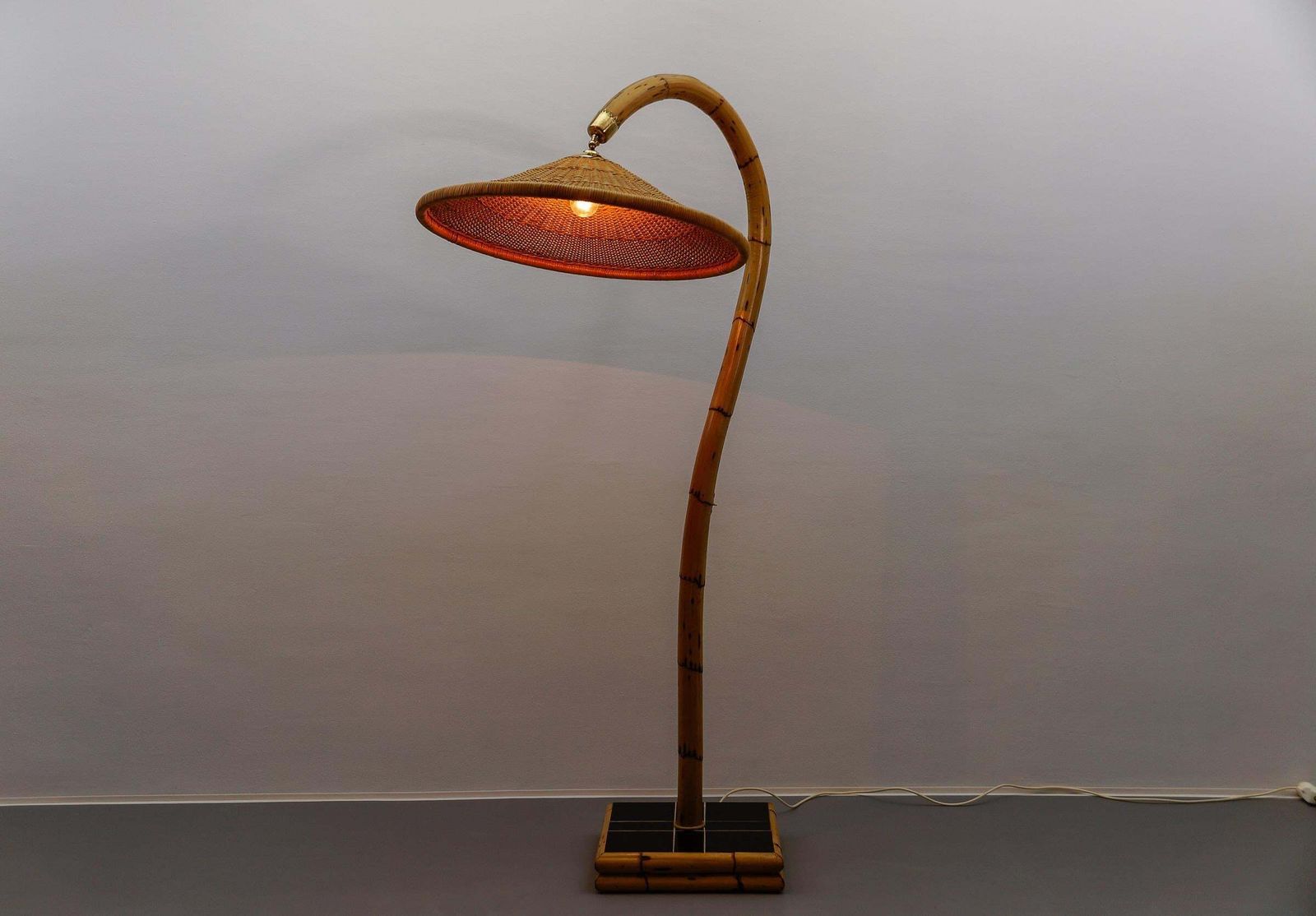 Huge Mid Century Modern Bamboo, Brass & Rattan Arc Floor Lamp, Italy 1950s photo for sale
