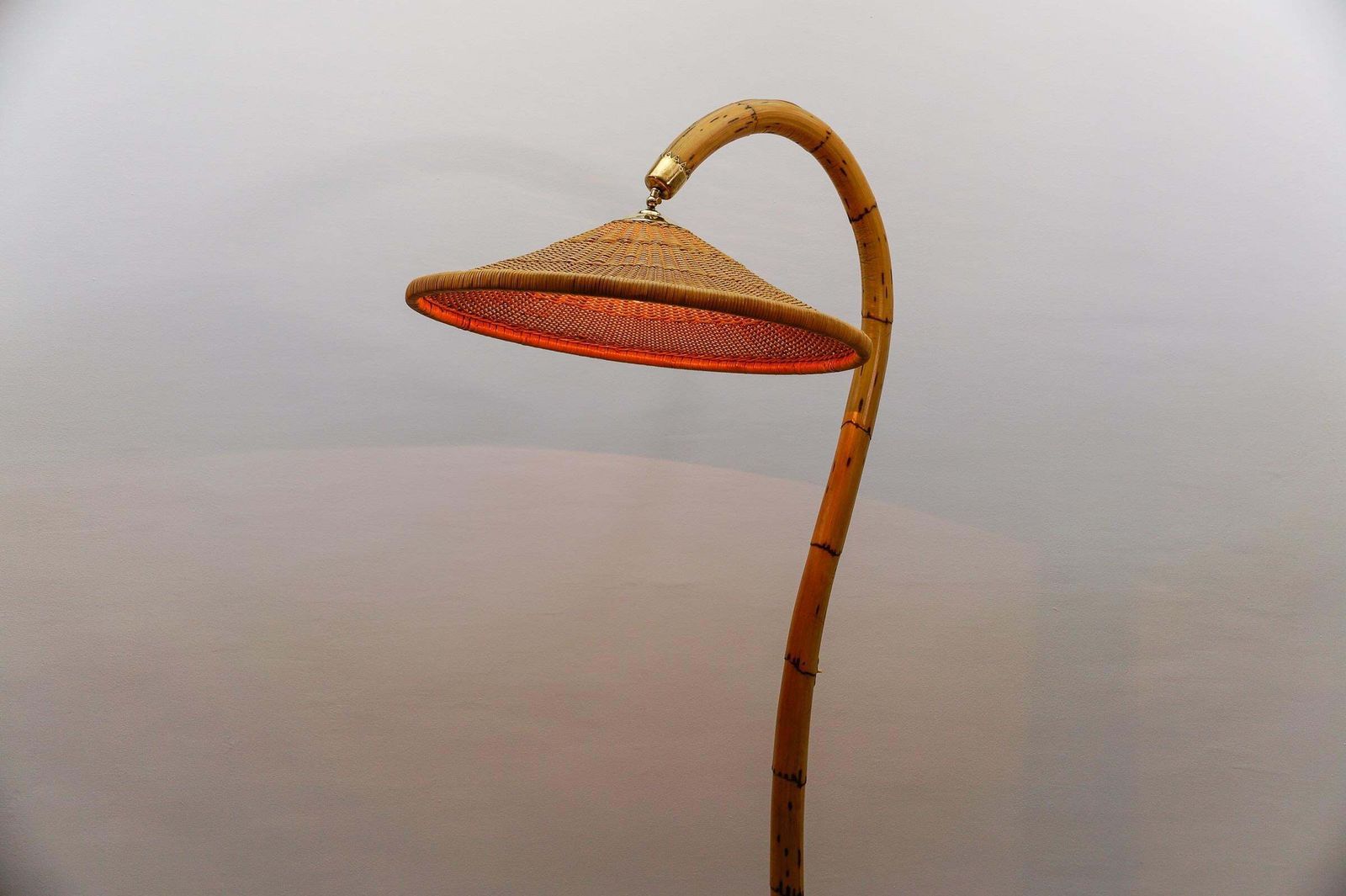 Huge Mid Century Modern Bamboo, Brass & Rattan Arc Floor Lamp, Italy 1950s photo buy