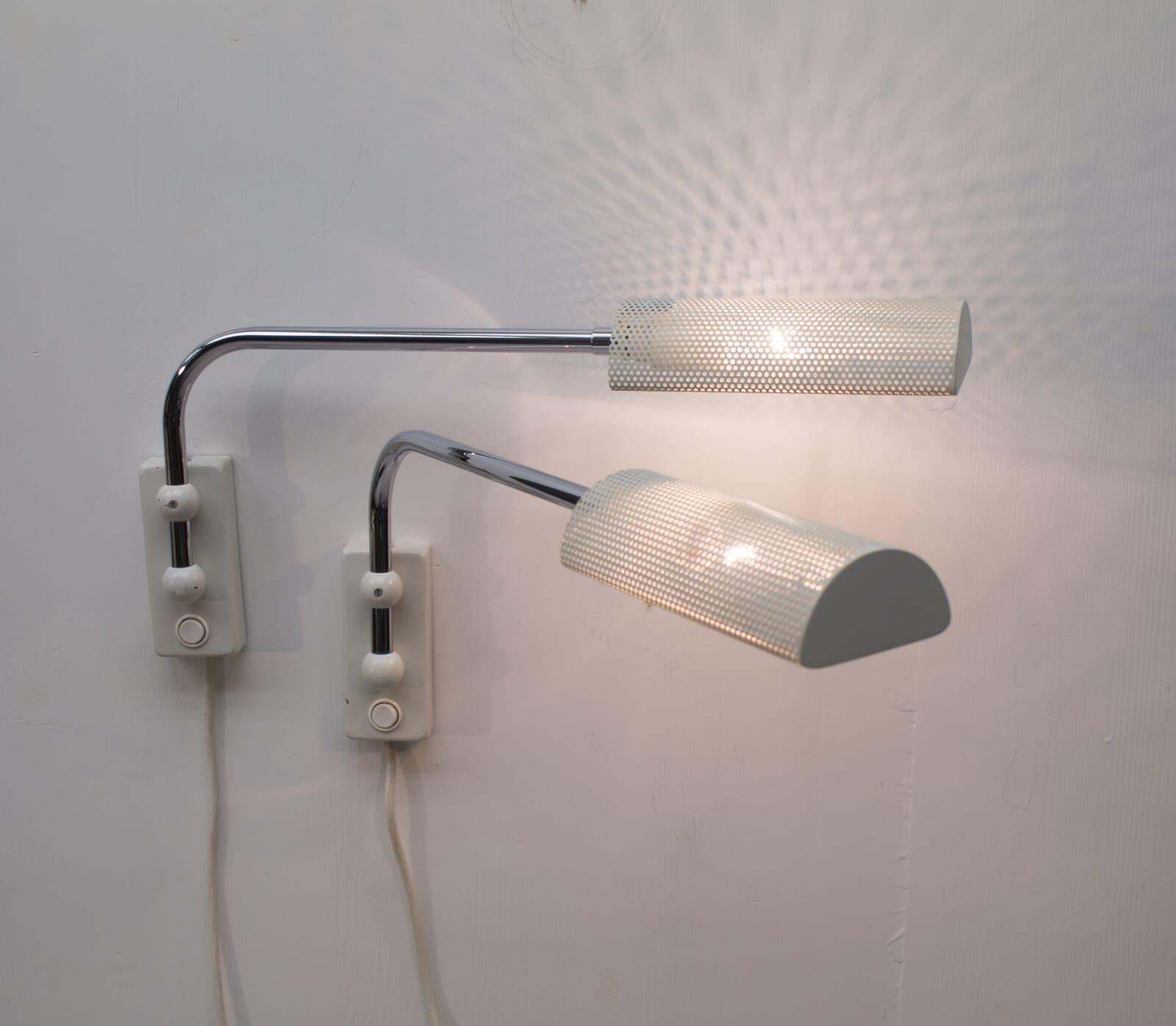Pair Of Swinging Wall Lamps With Perforated Plate Lampshades, 1970s photo for sale