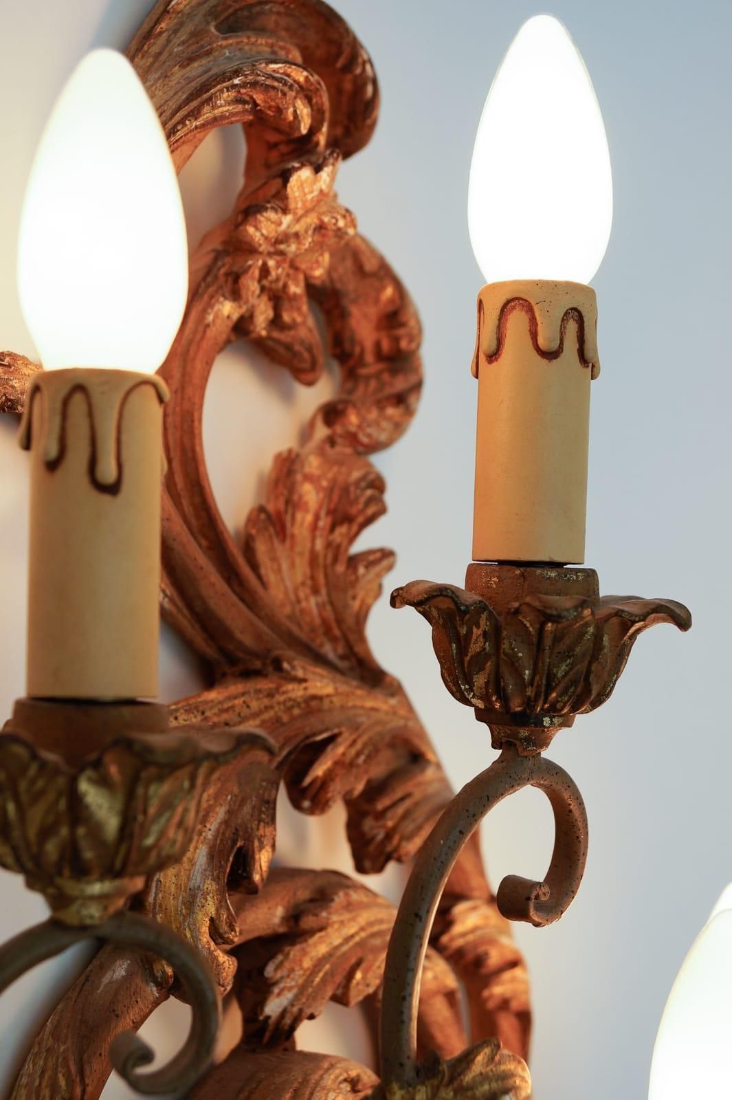 Large Antique Hand Carved Wooden Wall Lamp, 1950s Italy photo vintage