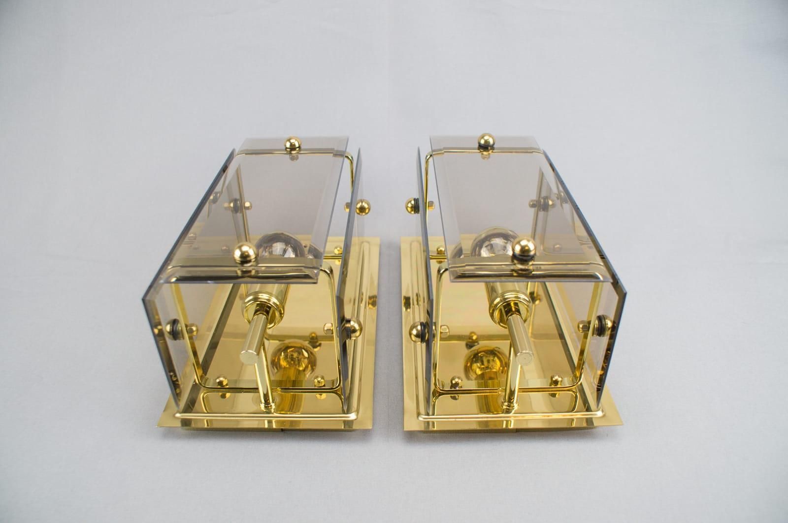Set Of 5 Elegant Midcentury Brass And Smoked Glass Wall Lamps, Germany, 1960s photo 1147.0