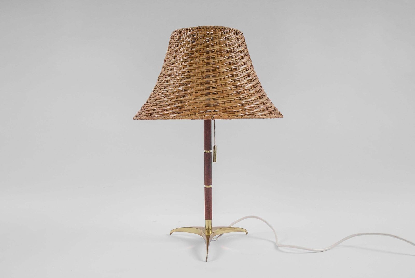 Lovely Mid Century Modern Table Lamp In Brass, Wicker And Teak, 1950s, Austria photo furniture