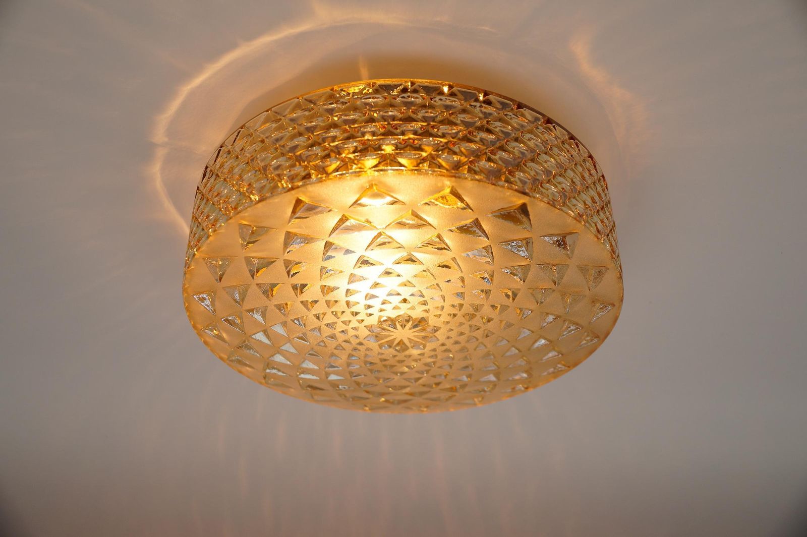 1 Of 2 Round Geometric Satin Amber Glass Flush Mount Light Or Wall Lamp, 1960s photo vintage