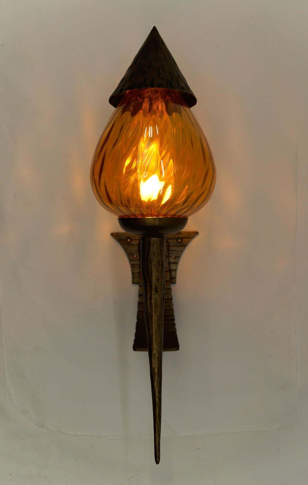 Huge French Hand Forged Iron And Glass Wall Lamp, 1960s photo Lighting