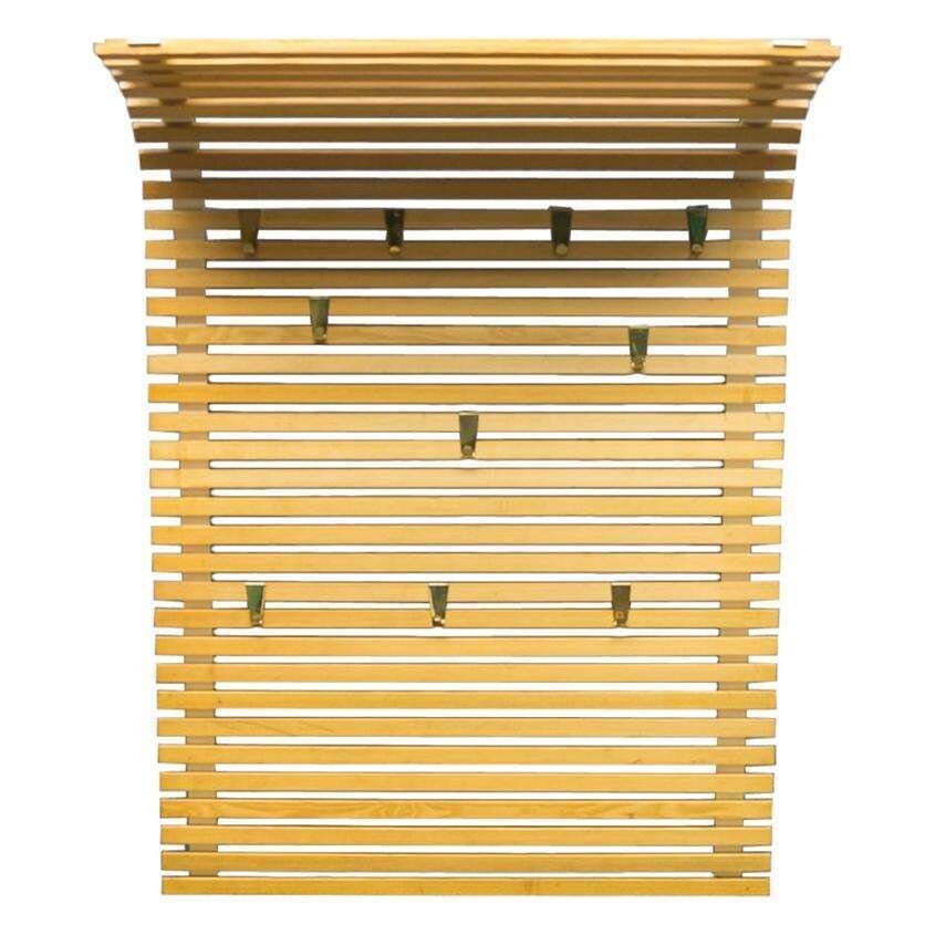 Large Wooden Slats And Brass Hooks Wall Mounted Coat And Hat Rack, Austria 1950s