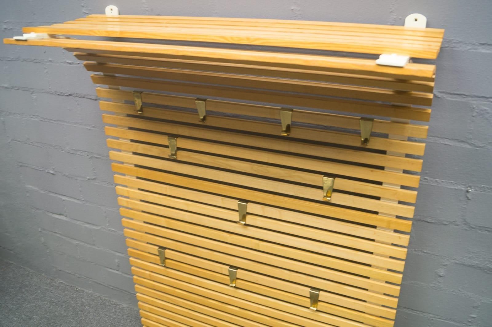 Large Wooden Slats And Brass Hooks Wall Mounted Coat And Hat Rack, Austria 1950s photo Furniture