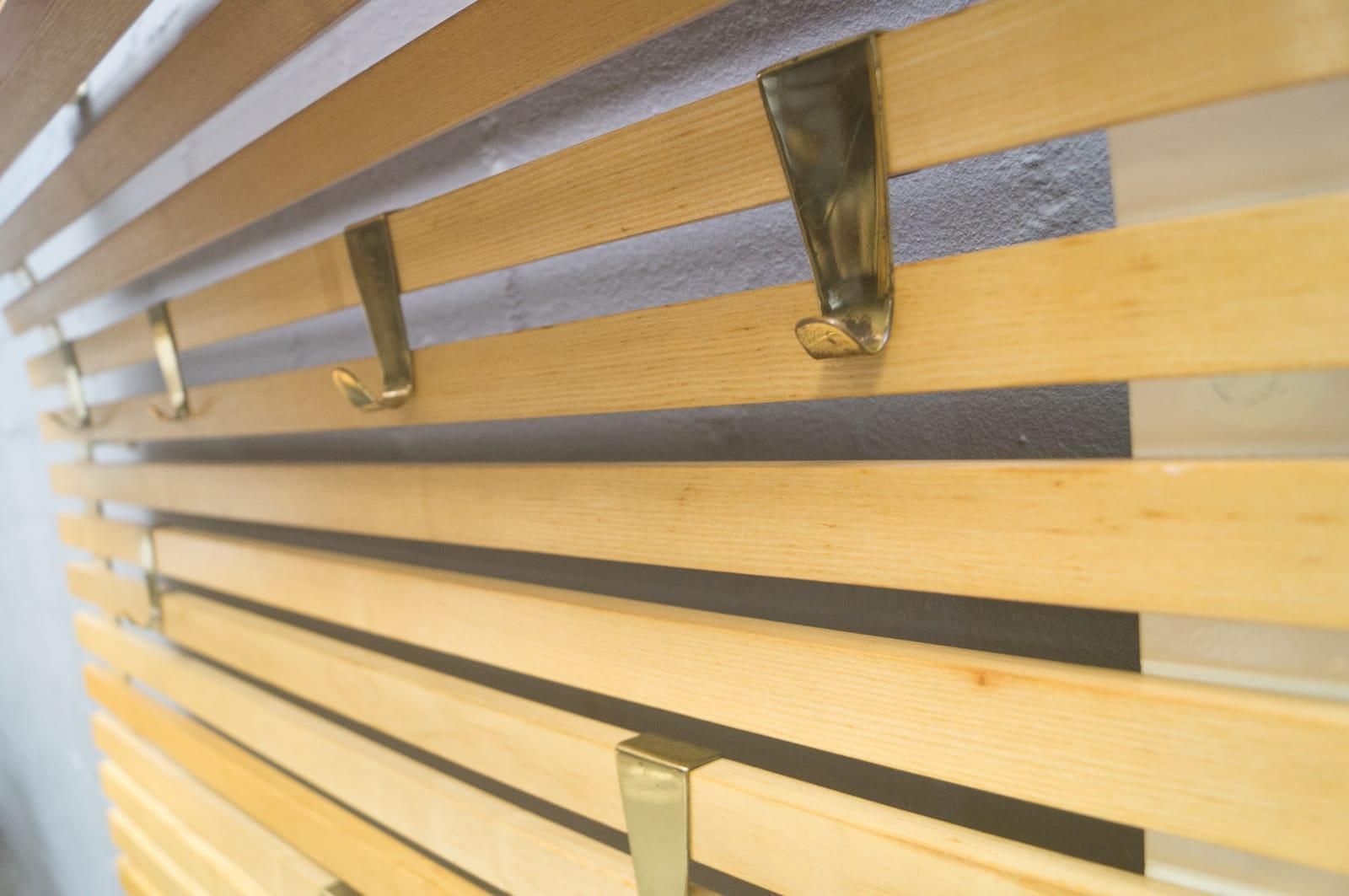 Large Wooden Slats And Brass Hooks Wall Mounted Coat And Hat Rack, Austria 1950s photo vinterior