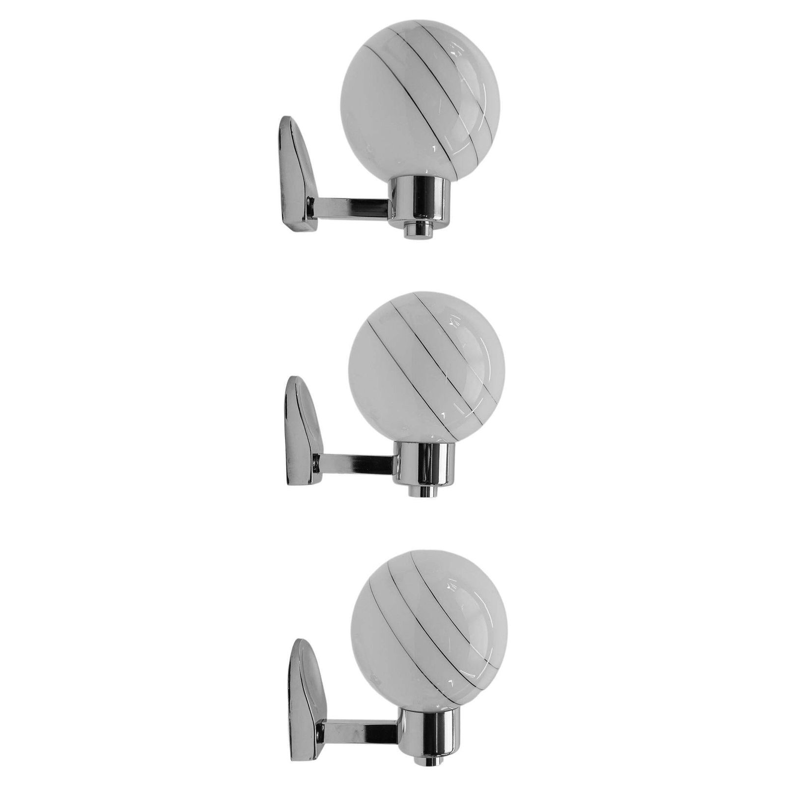 Set Of 3 Space Age Chrome Wall Lamps With Milk Glass Ball Shades, 1970s