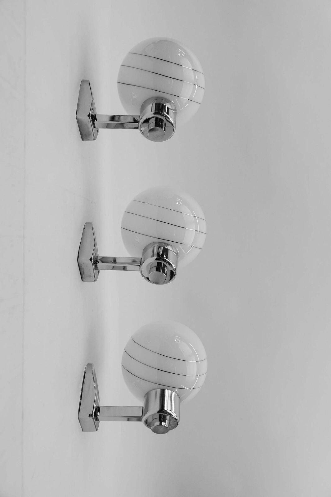 Set Of 3 Space Age Chrome Wall Lamps With Milk Glass Ball Shades, 1970s photo 1529.0
