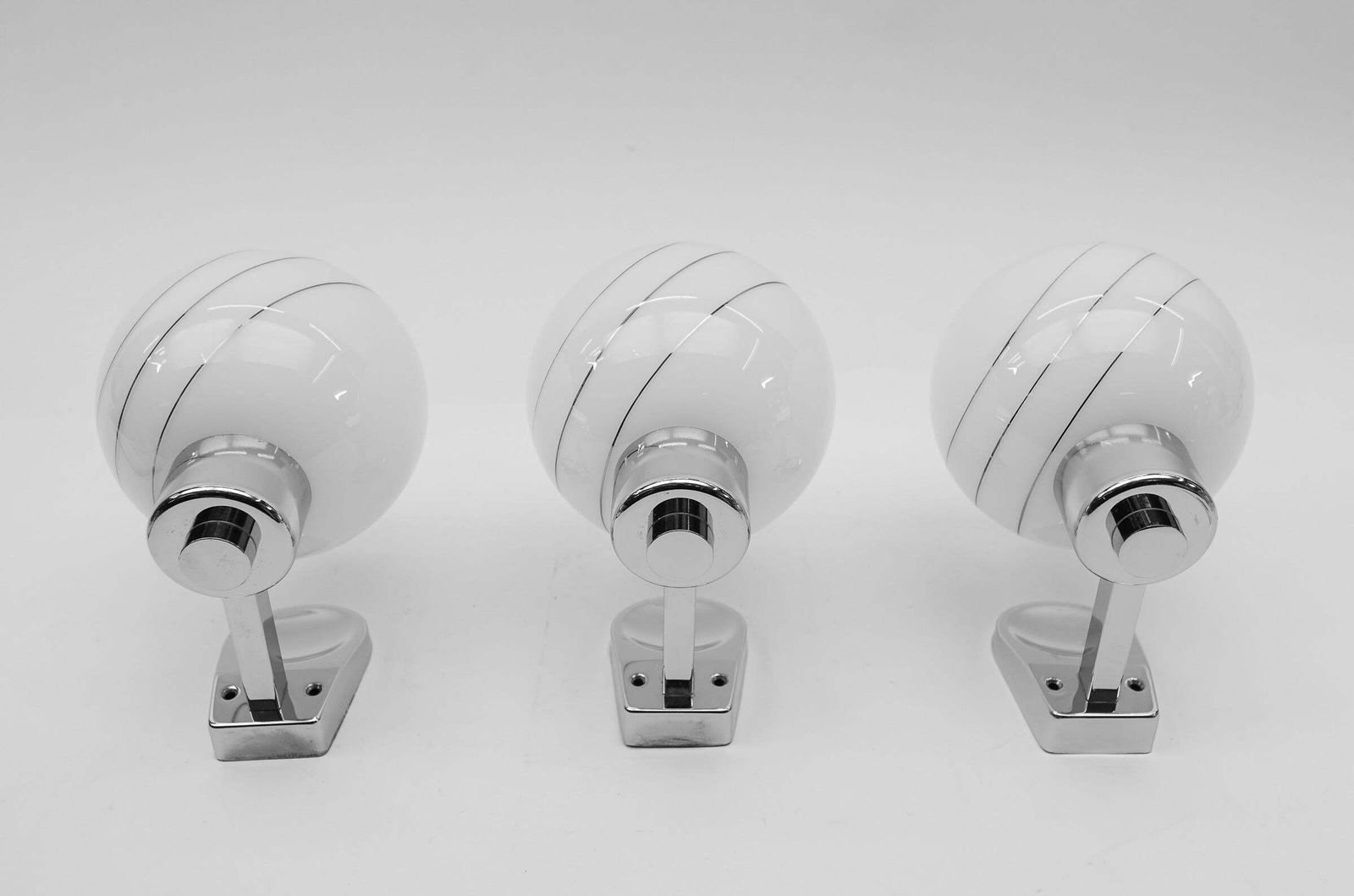 photo for sale Set Of 3 Space Age Chrome Wall Lamps With Milk Glass Ball Shades, 1970s