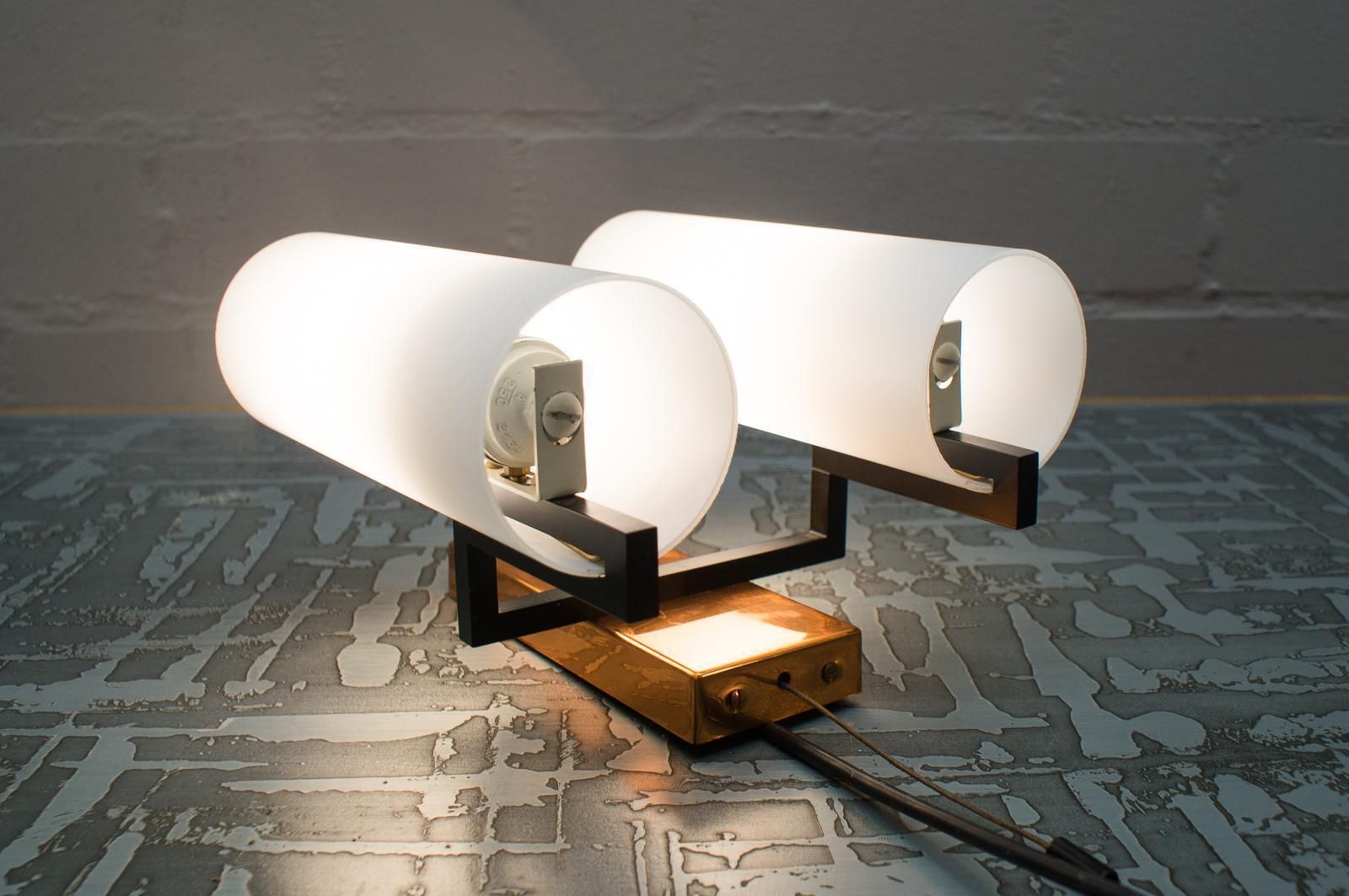 Pair Of Double Midcentury Copper And Milk Glass Tubes Wall Lamps, Austria, 1960s photo for sale