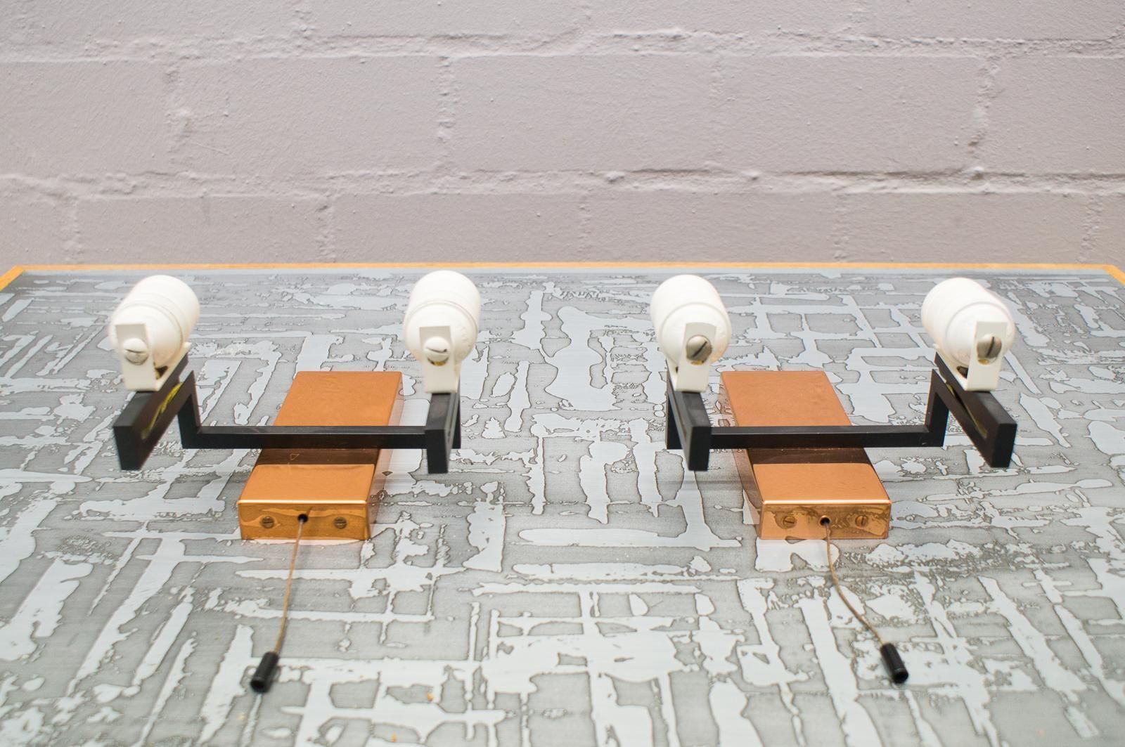 Pair Of Double Midcentury Copper And Milk Glass Tubes Wall Lamps, Austria, 1960s photo Lighting