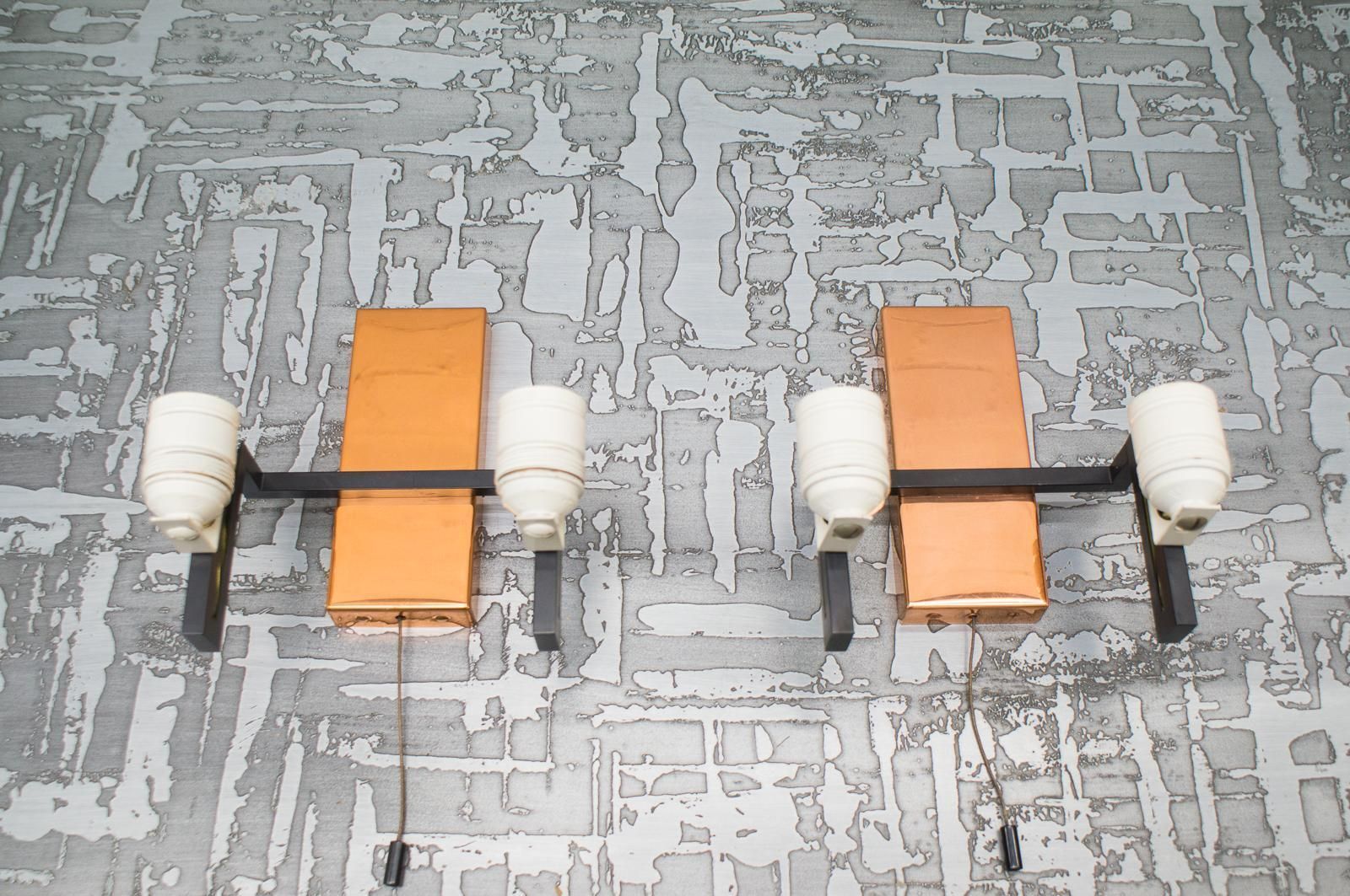 Pair Of Double Midcentury Copper And Milk Glass Tubes Wall Lamps, Austria, 1960s photo vinterior