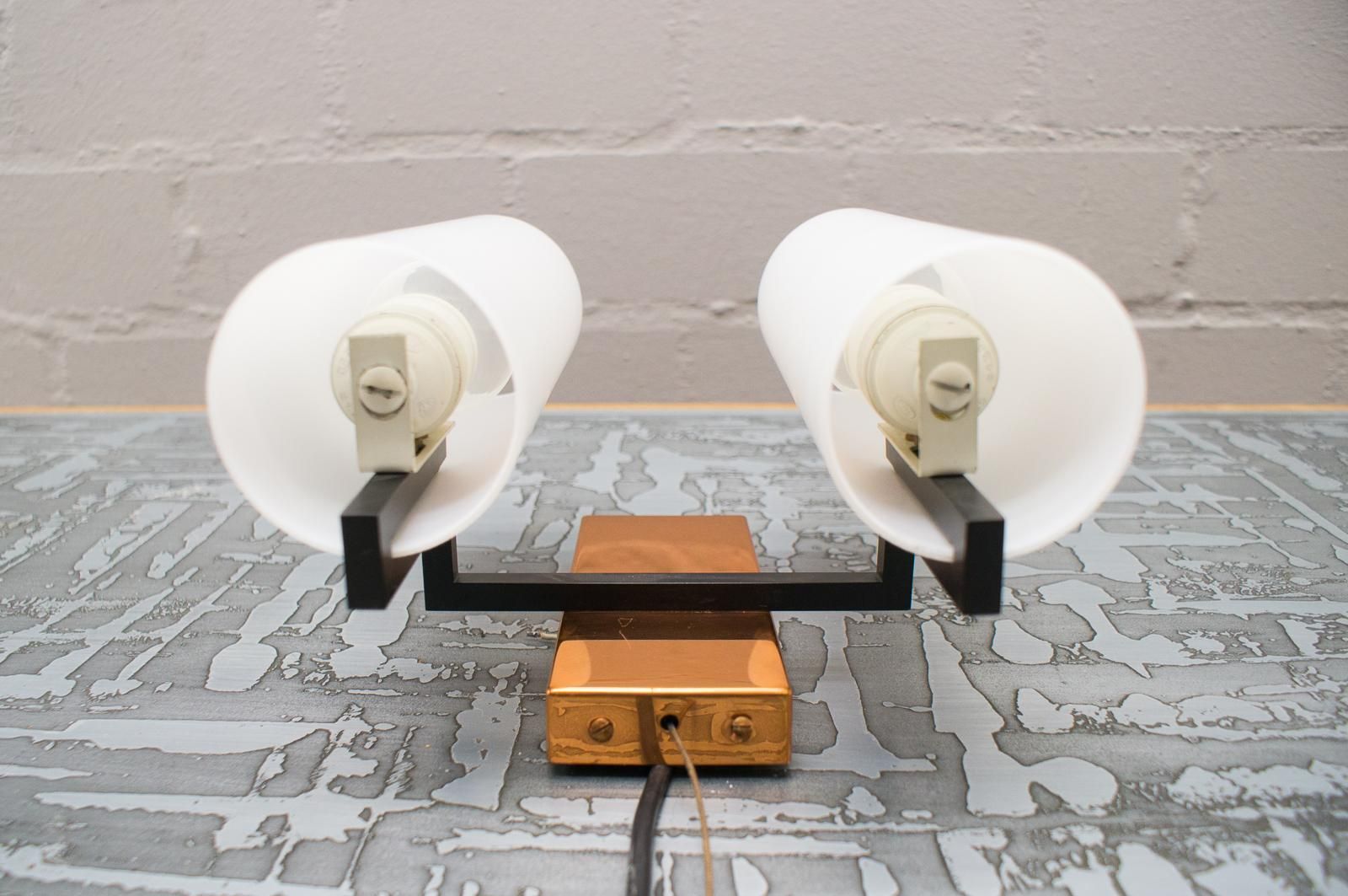 photo furniture Pair Of Double Midcentury Copper And Milk Glass Tubes Wall Lamps, Austria, 1960s