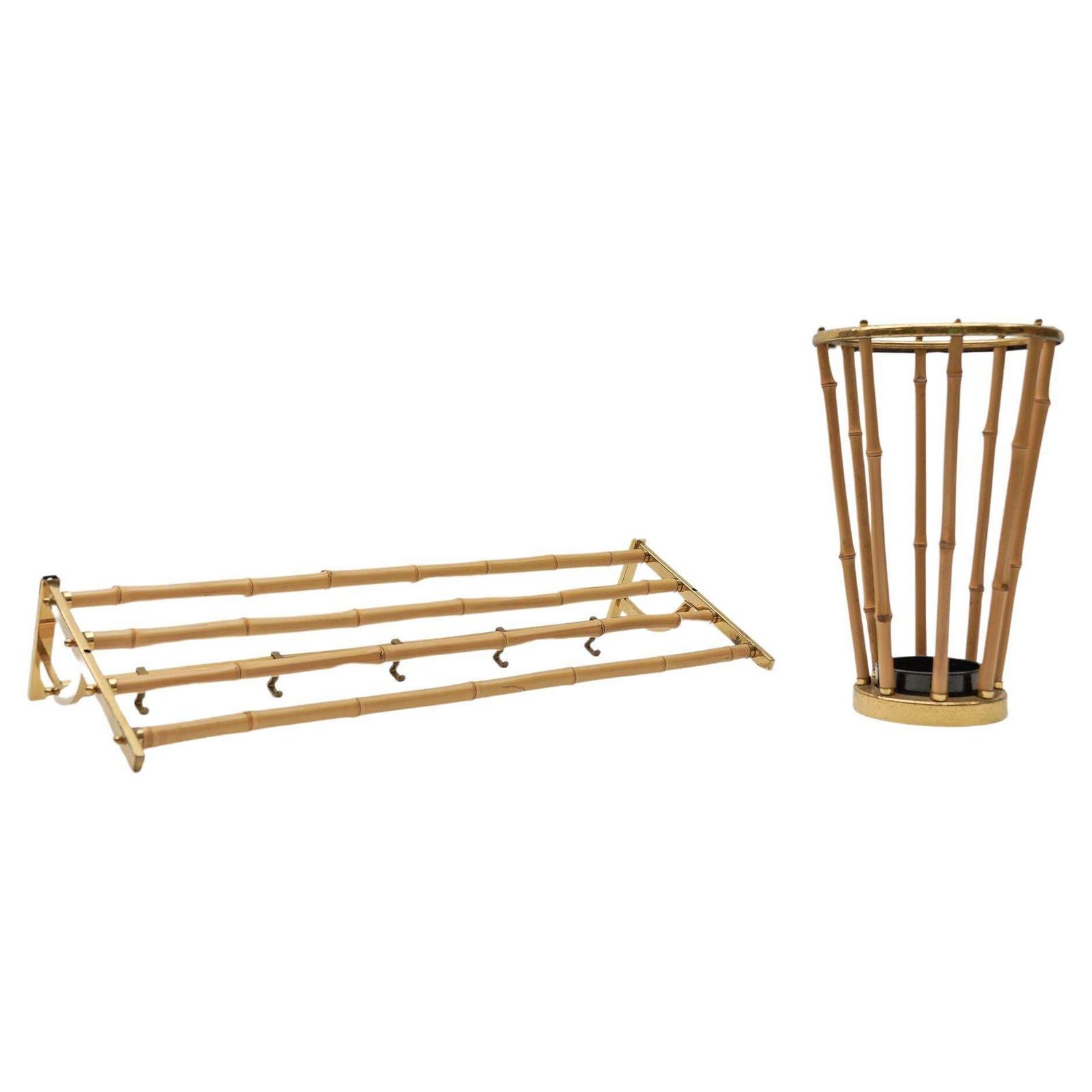 Rare Set Of Brass And Bamboo Coat Rack And Umbrella Stand, 1950 Italy