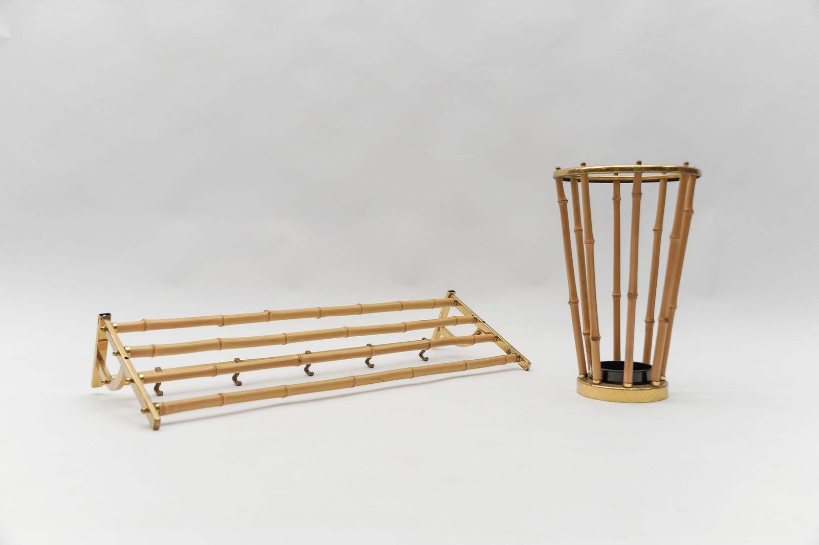 Rare Set Of Brass And Bamboo Coat Rack And Umbrella Stand, 1950 Italy photo furniture