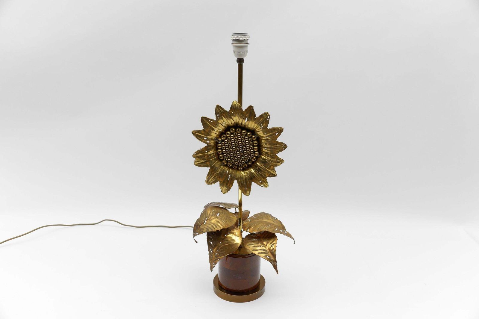 Mid Century Modern Sunflower Table Lamp Made In Brass And Wood, 1960s photo buy