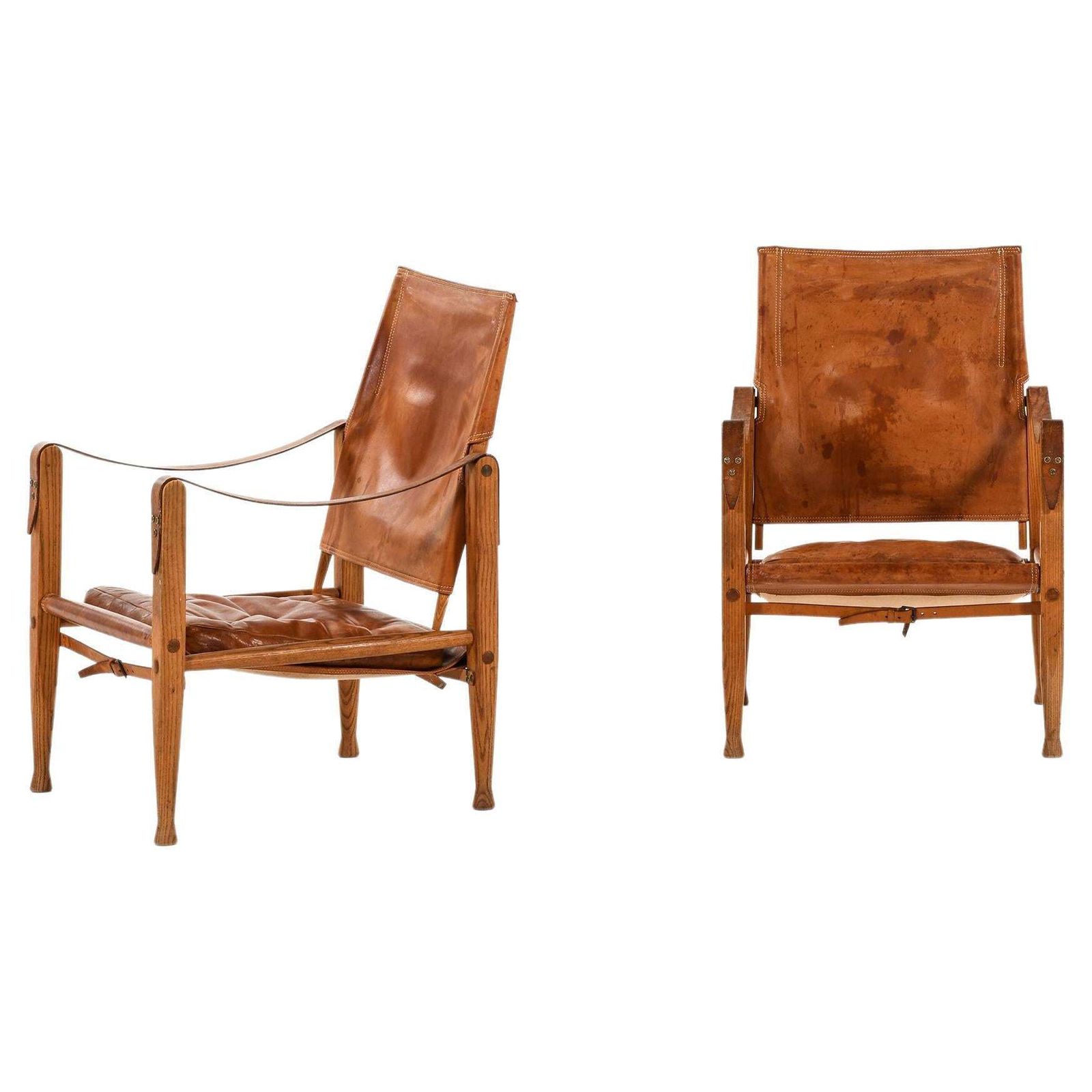 Pair Of Safari Easy Chairs In Ash, Brass And Leather By Kaare Klint, 1950's