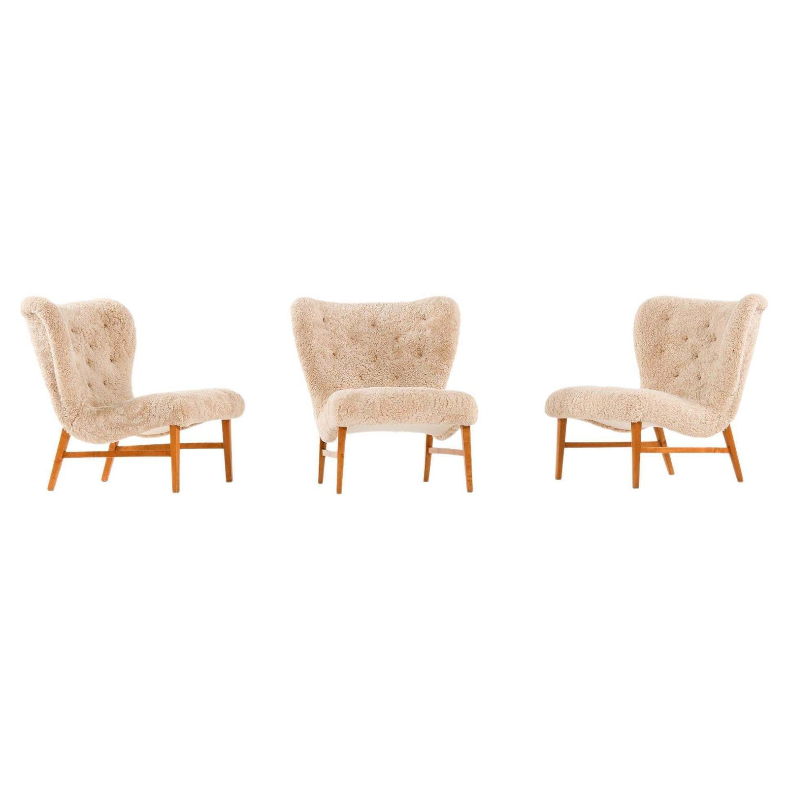 Easy Chairs In Beech & Reupholstered In Sheepskin By Erik Bertil Karlén, 1940's
