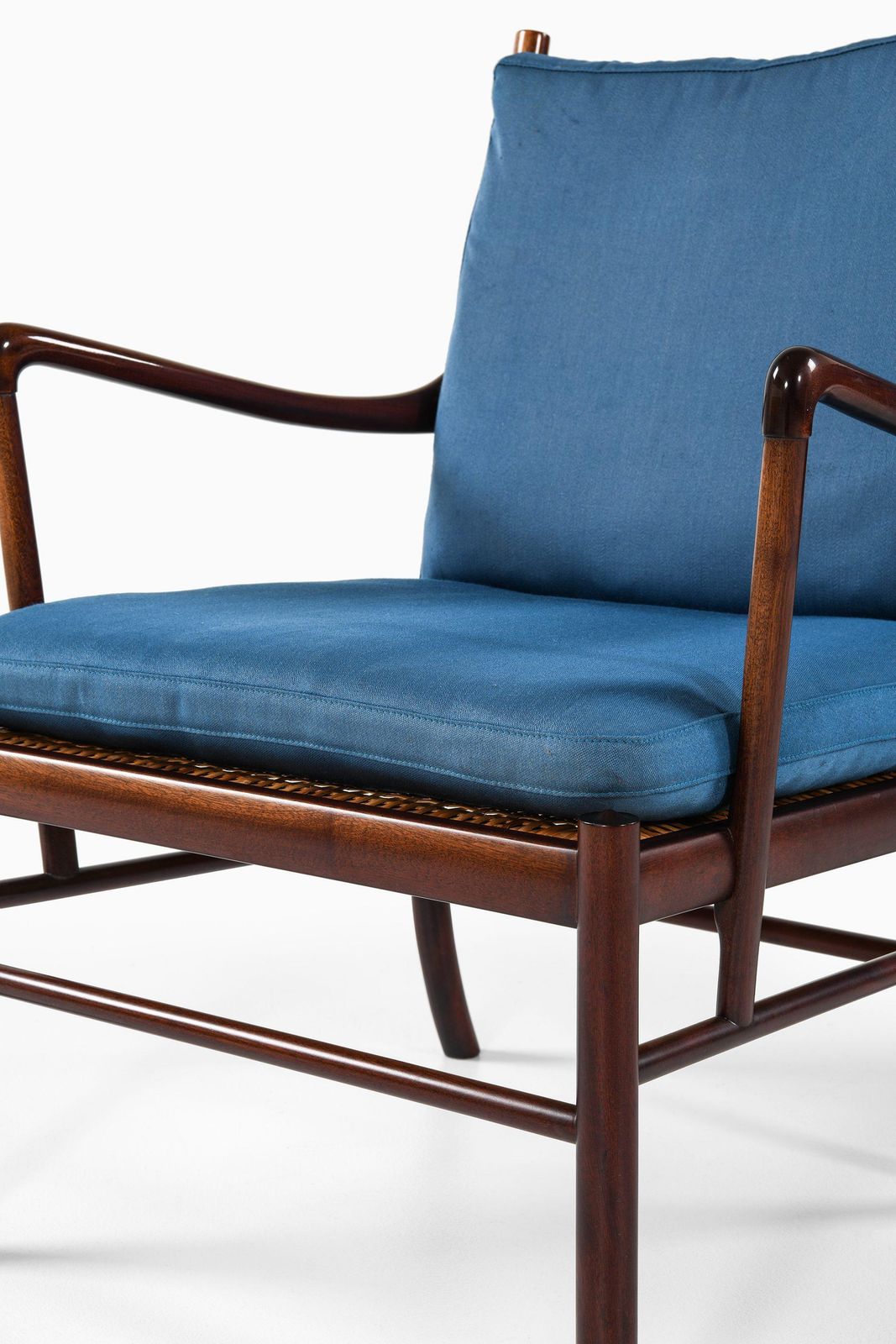 Colonial Easy Chairs In Mahogany, Woven Cane And Fabric By Ole Wanscher, 1960's photo vintage