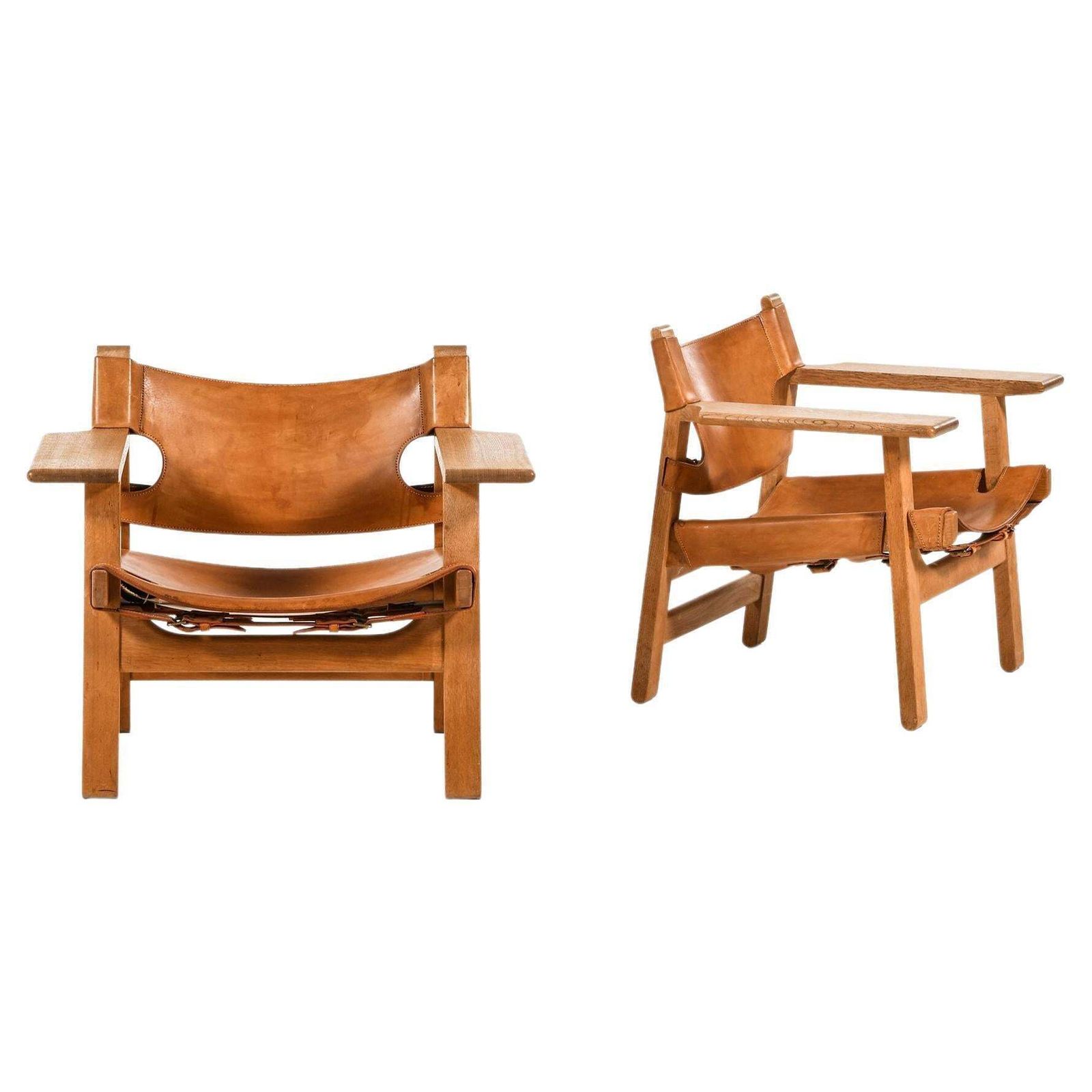 Pair Of Easy Chairs In Oak And Cognac Brown Leather By Børge Mogensen, 1950's