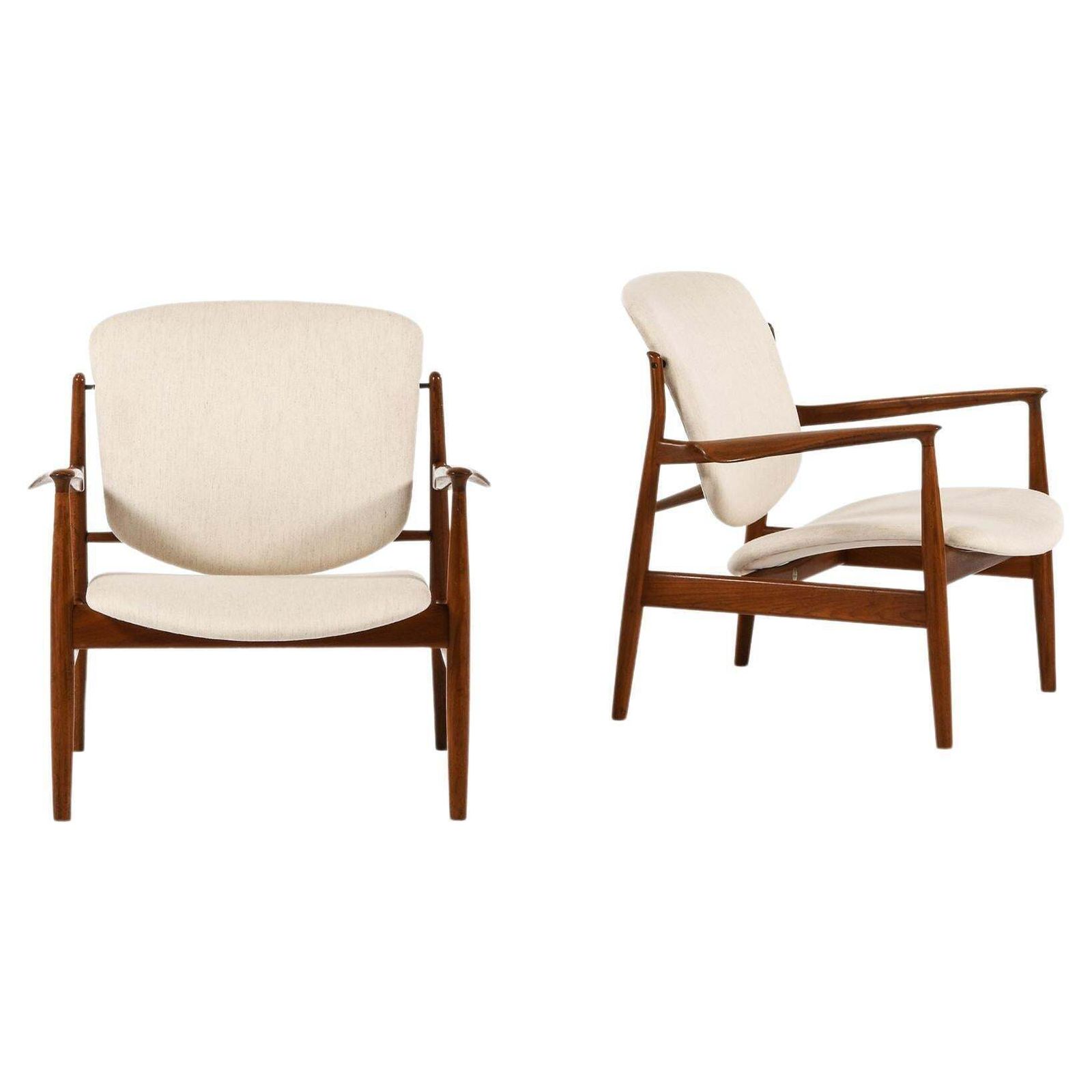 Pair Of Easy Chairs In Teak And Newly Reupholstered By Finn Juhl, 1956