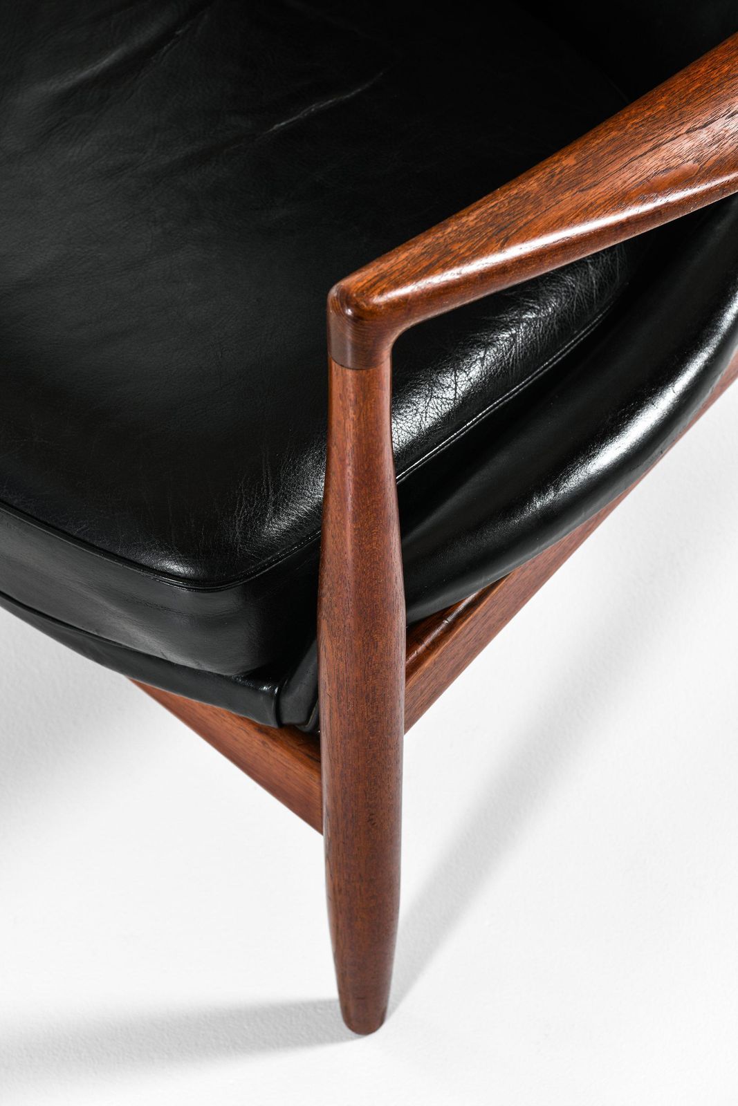 Pair Of Easy Chairs In Teak And Original Black Leather By Ib Kofod Larsen photo vintage