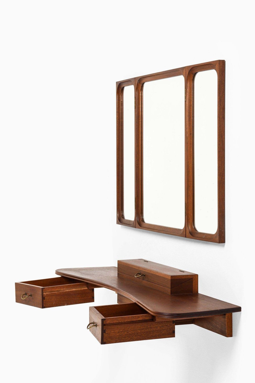 Set Of Vanity With Mirror In Mahogany And Brass By Frode Holm, 1950s photo furniture