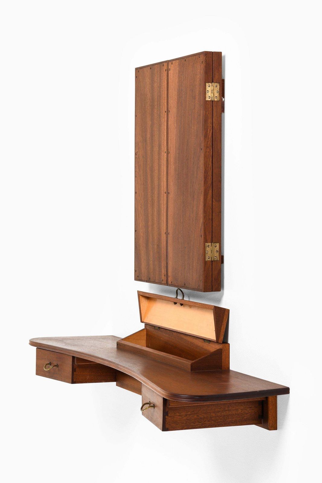 Set Of Vanity With Mirror In Mahogany And Brass By Frode Holm, 1950s photo for sale