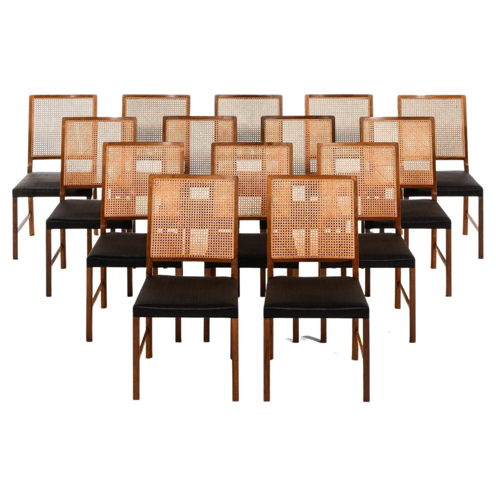Set Of 14 Dining Chairs In Rosewood And Cane By Bernt Petersen, 1960's
