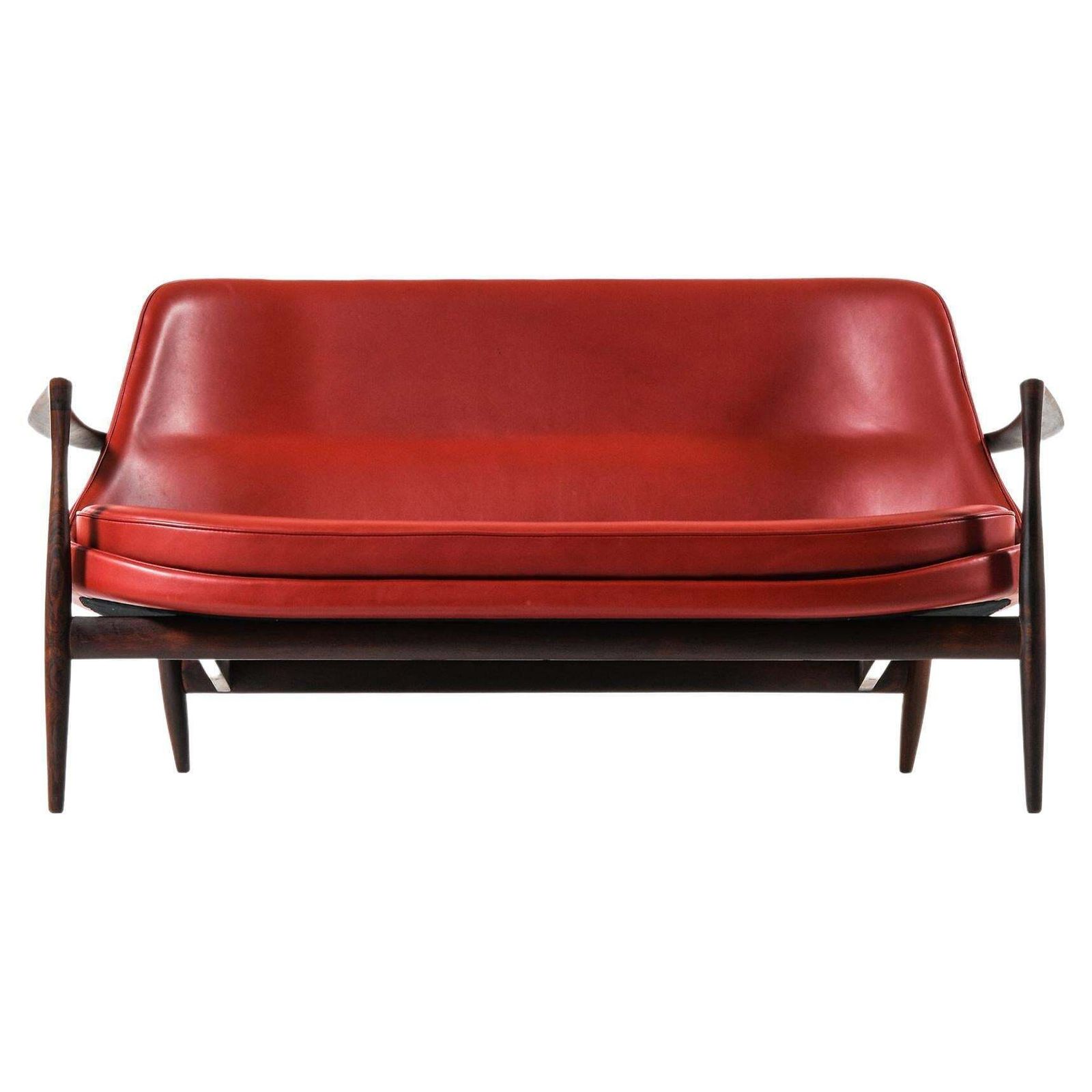 Sofa In Rosewood And Reupholstered In Burgundy Leather By Ib Kofod Larsen, 1956