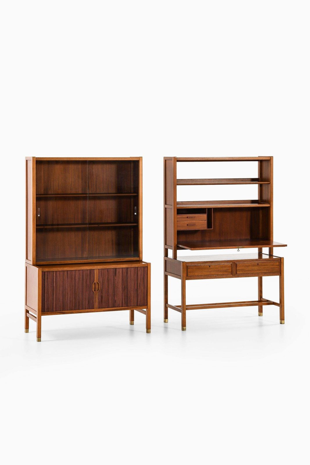Pair Of Cabinets In Walnut, Brass And Glass By Carl Axel Acking, 1950's photo furniture