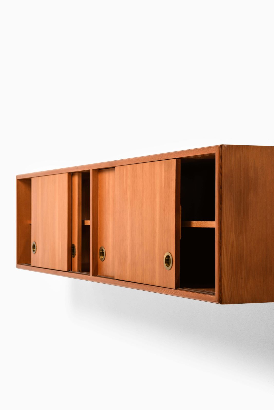 Rare Mid Century Danish Wall Mounted Sideboard In Oregon Pine And Brass, 1950's photo for sale