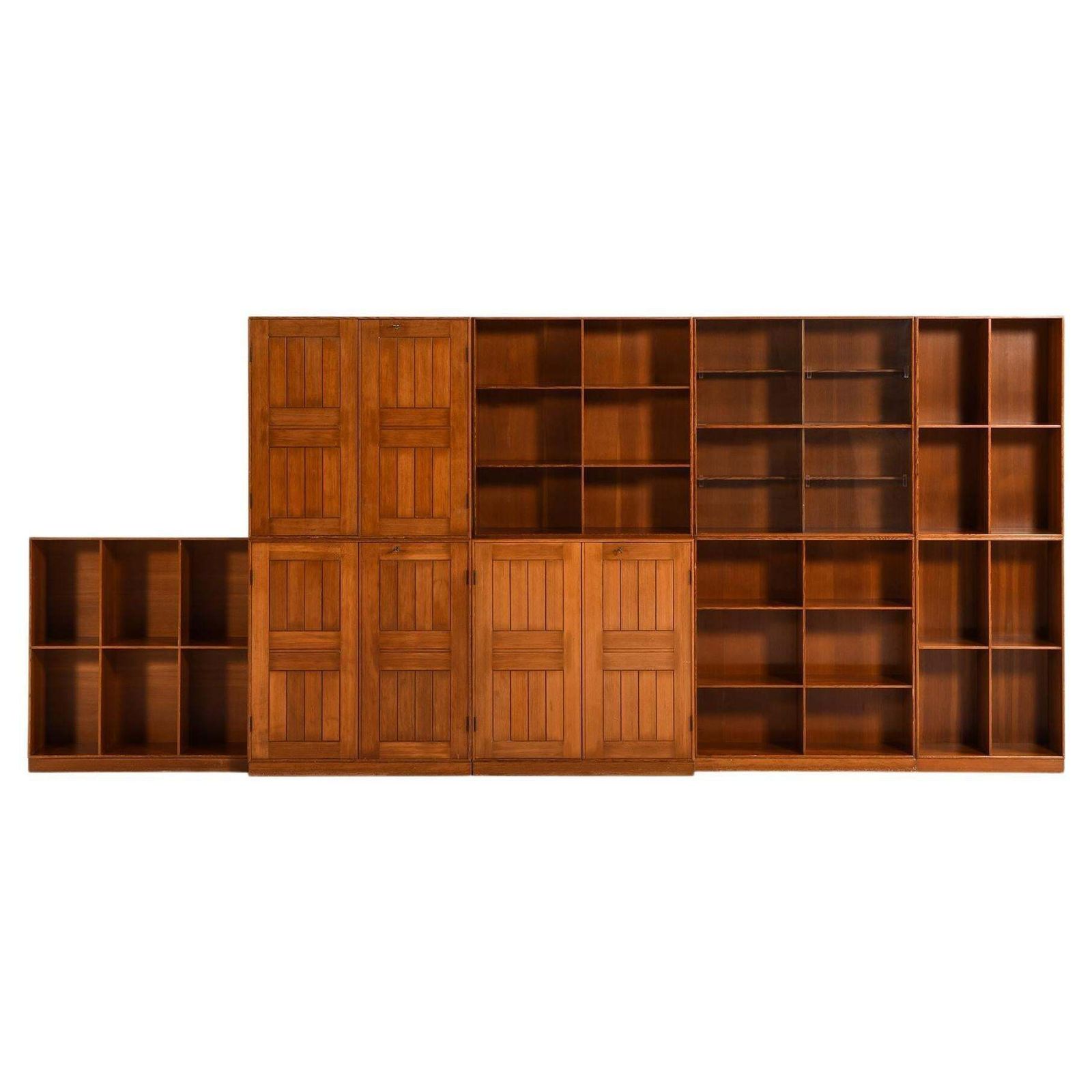 Large Set Of Bookcases In Oregon Pine, Glass By Mogens Koch, 1933