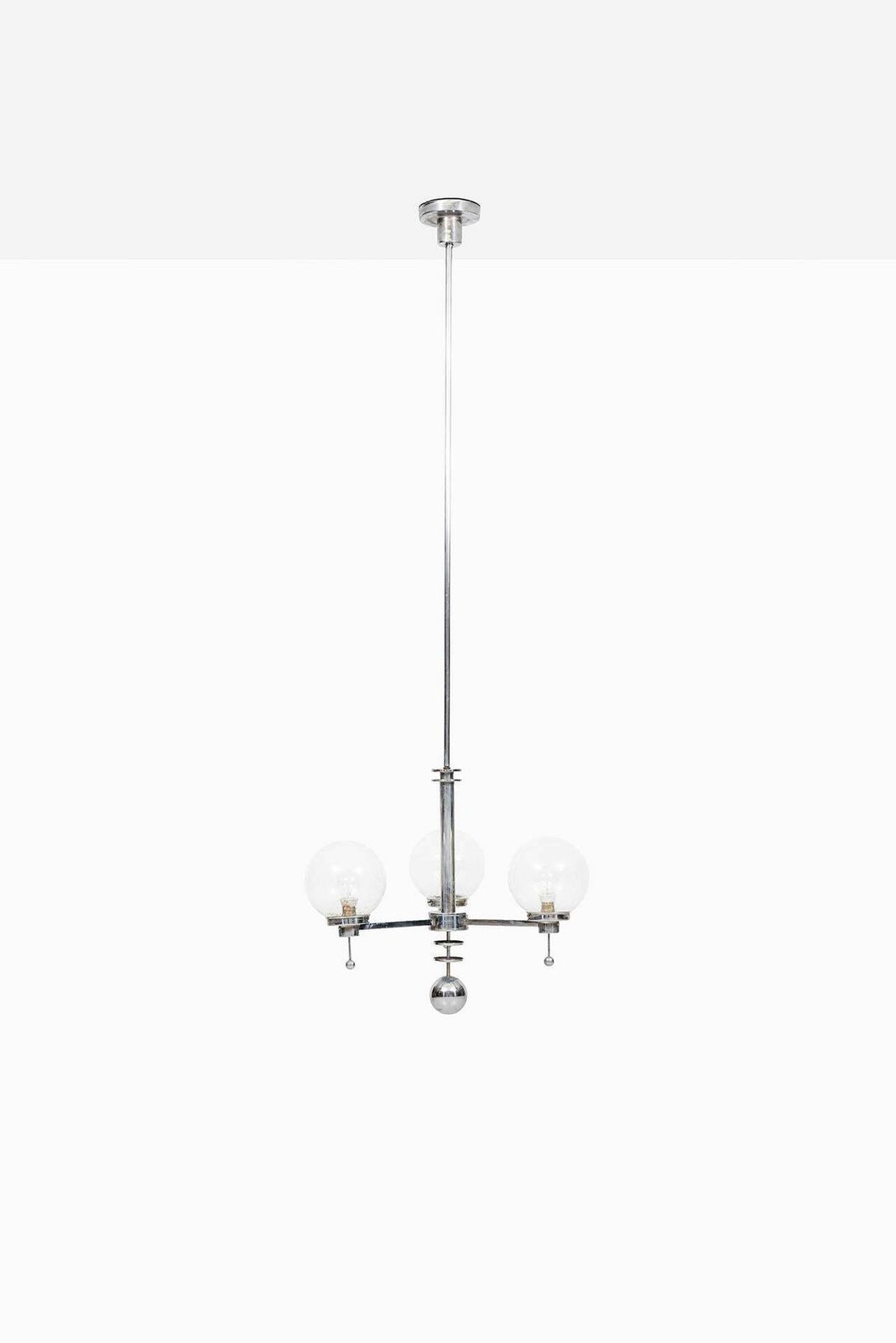 Pair Of Big Art Deco Ceiling Lamps Chandelier In Chromed Steel Glass Bowls photo vintage