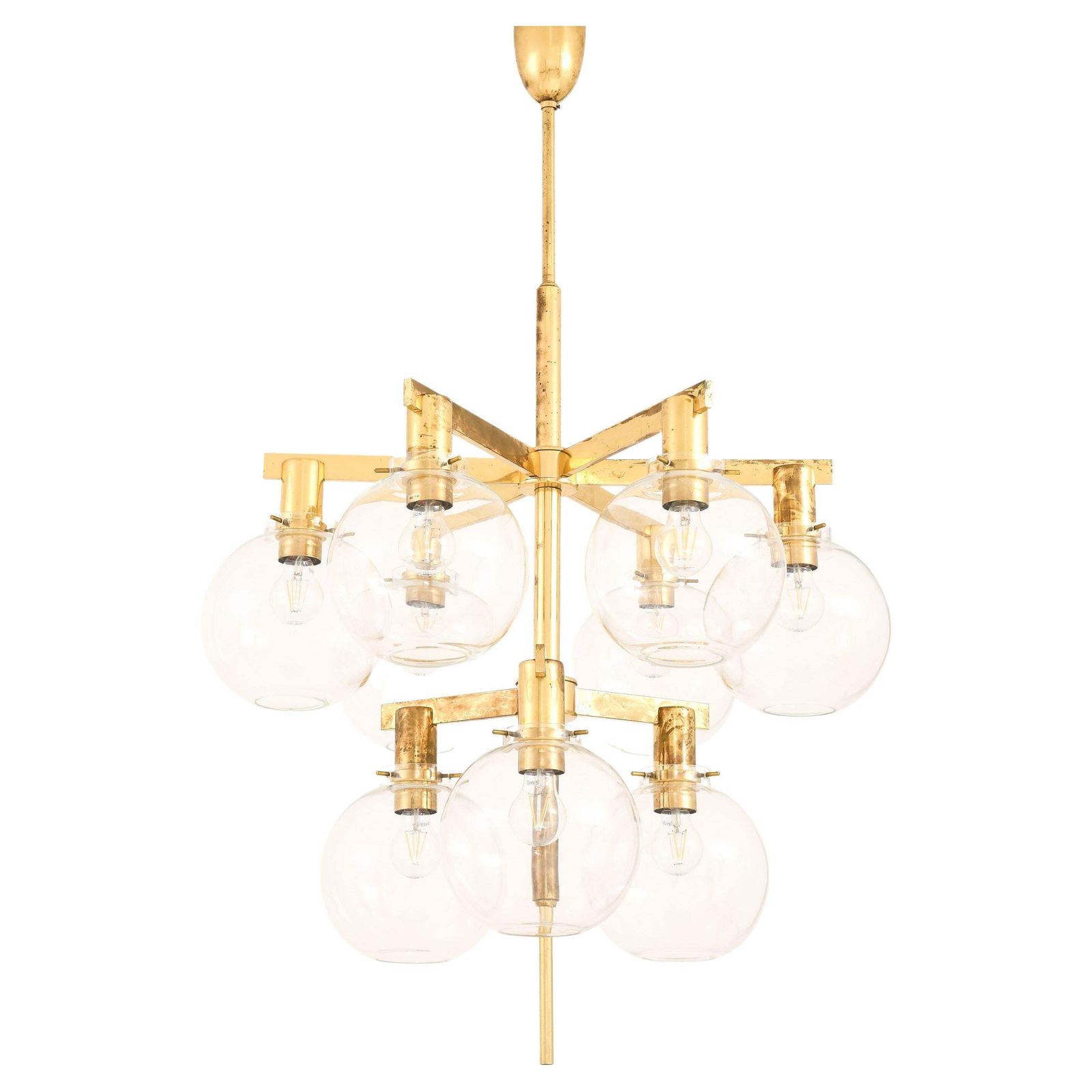 Small Ceiling Lamp Chandelier In Brass And Glass By Hans Agne Jakobsson, 1950's